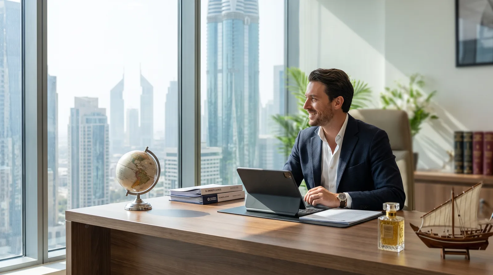 French founder reviewing UAE residency visa paperwork at a bright Dubai office
