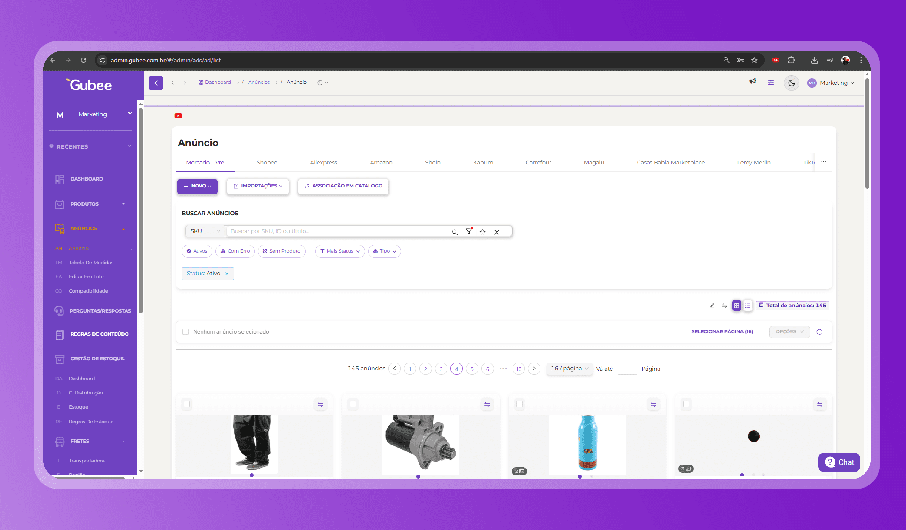 Anúncios no Painel Gubee