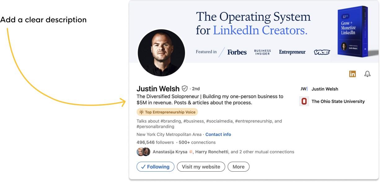 Screenshot of a Linkedin profile page with a clear description