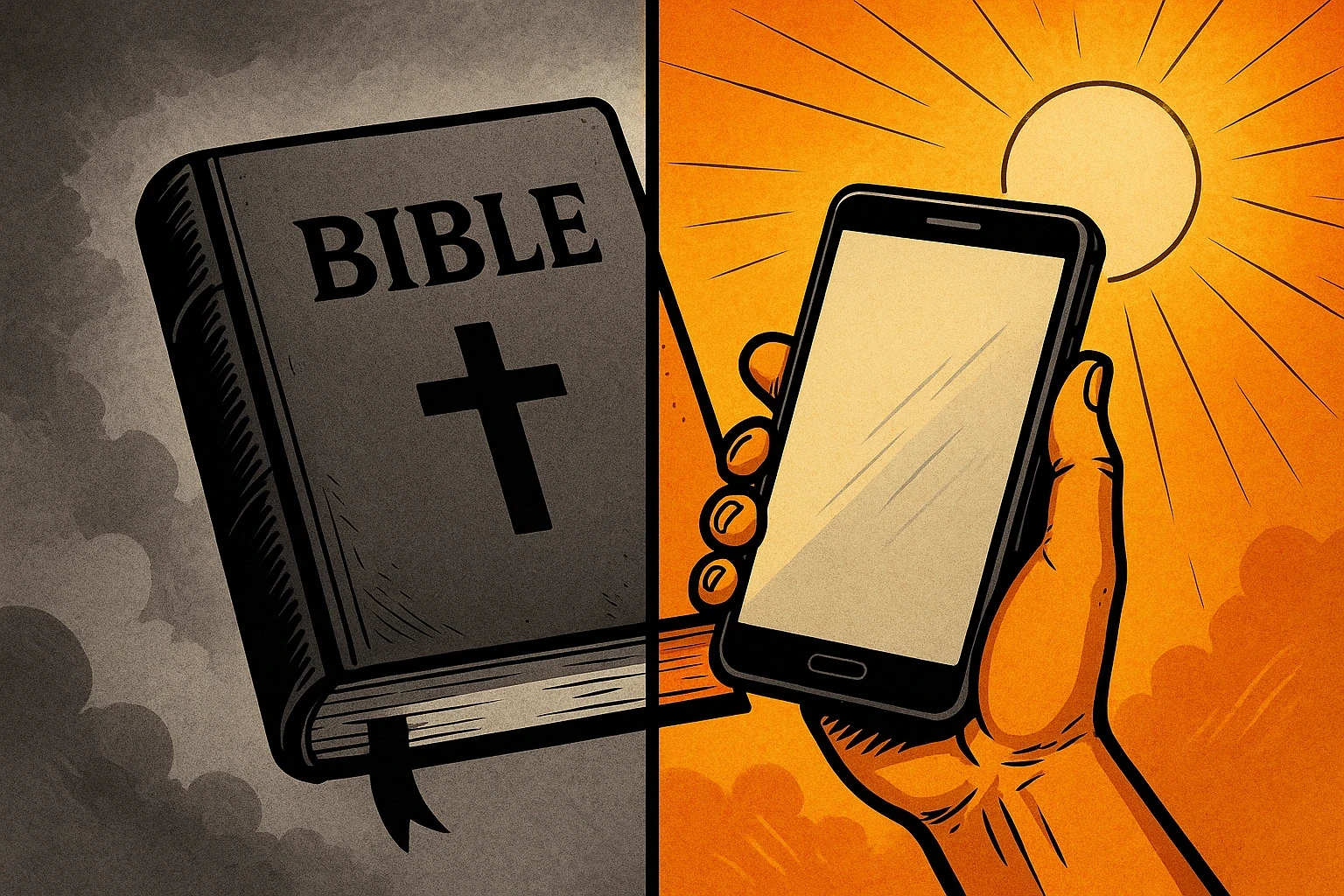 Comic-book inspired split-tone illustration showing a person holding a glowing Bible app on a smartphone. The left half is in grayscale, depicting confusion and isolation. The right half radiates warm gold tones, symbolizing spiritual clarity and digital connection. Bold outlines, clean gradients, and minimalist layout emphasize transformation through faith and technology.