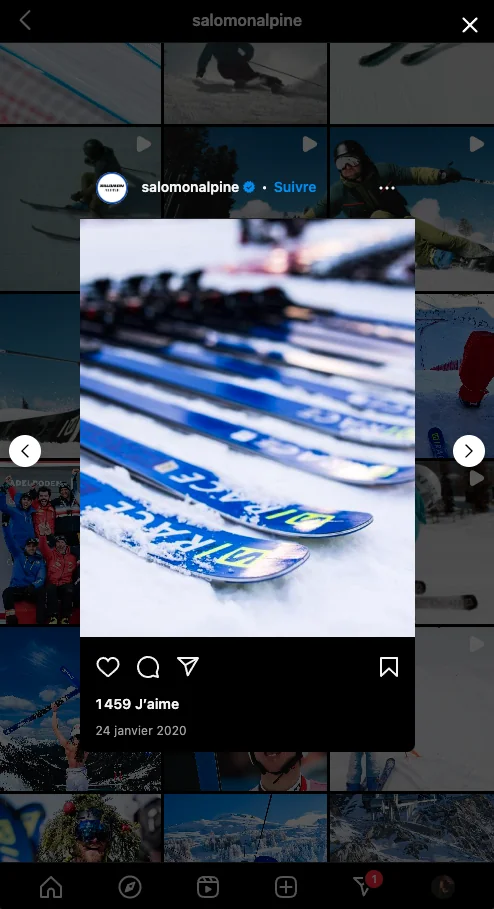 Post Instagram sur les nouveaux skis