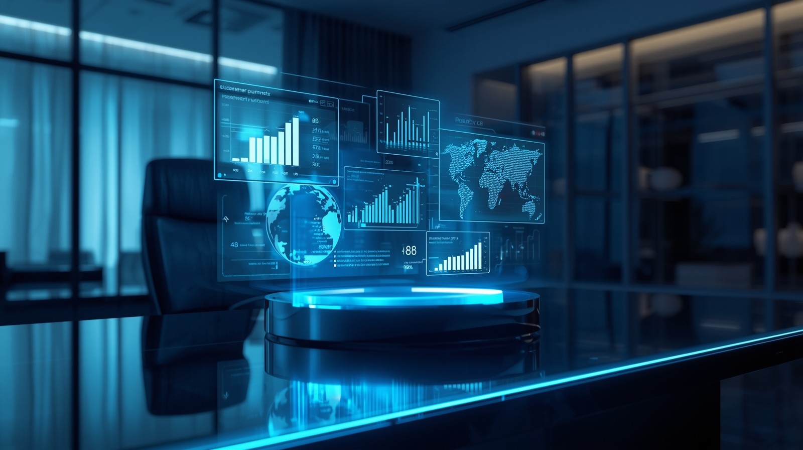 A professional, hyper-realistic digital marketing workspace with holographic pipeline data dashboards floating