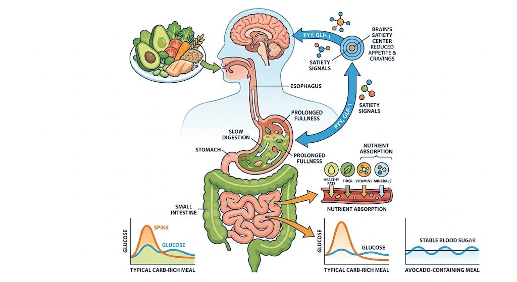 An eye-catching, detailed medical illustration charting the digestive journey of an avocado-based meal, showing slow digestion, the release of PYY and GLP-1 hormones, satiety signals to the brain, nutrient absorption, and a smooth, stable blood sugar curve.