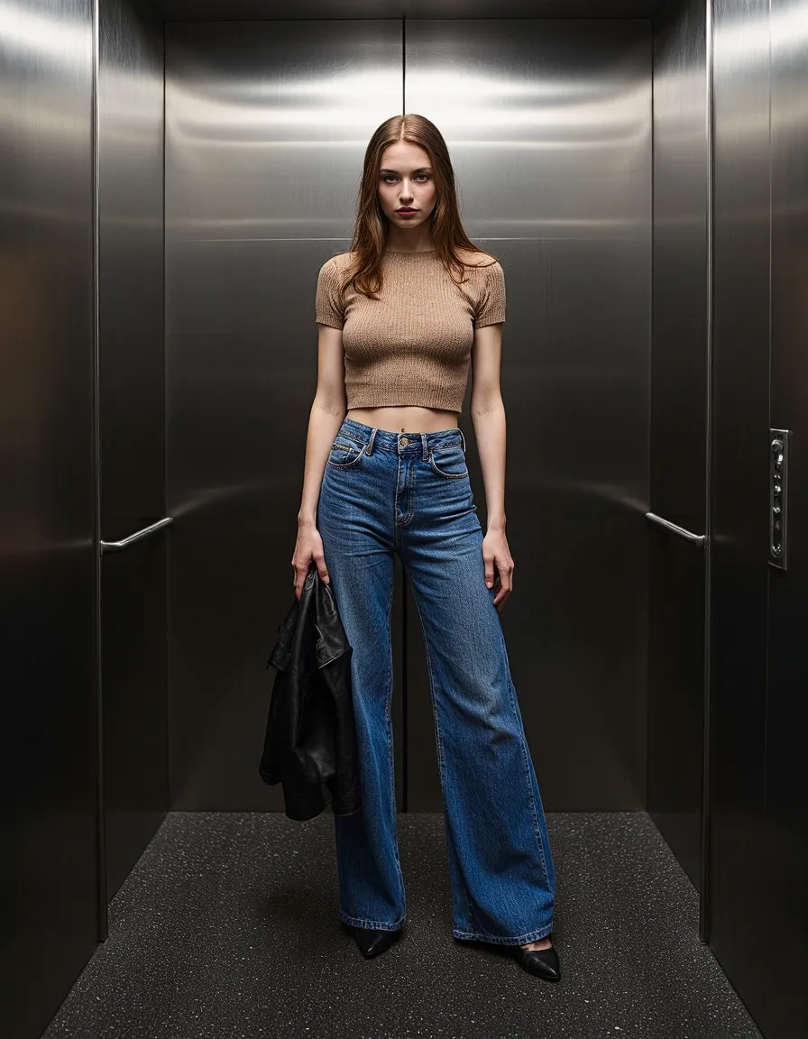 Woman in beige crop top and wide-leg jeans standing in modern steel elevator with black leather jacket