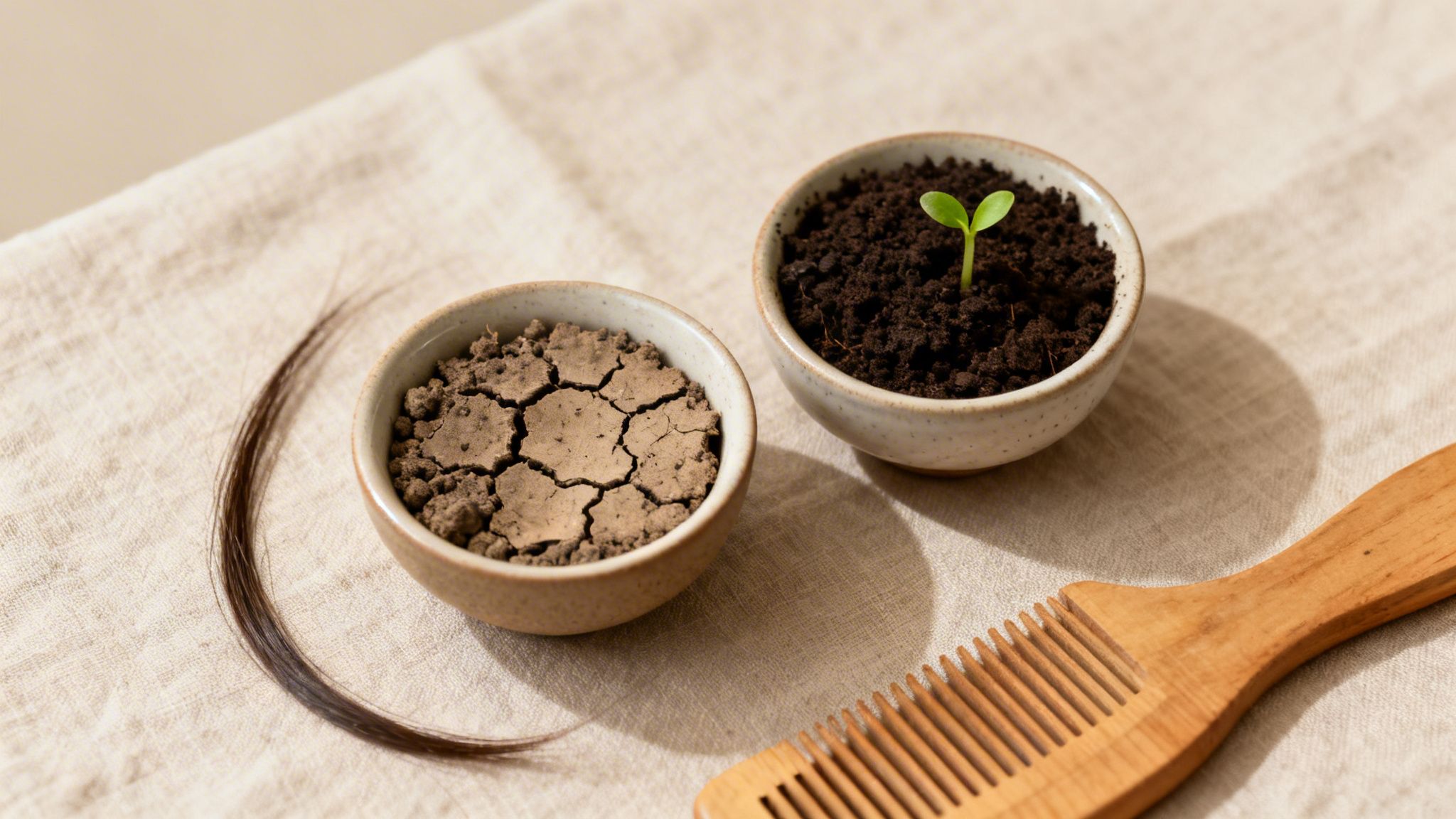 A healthy seedling in rich soil contrasted with dry, cracked earth and a strand of hair, alongside a wooden comb, symbolizing scalp health.