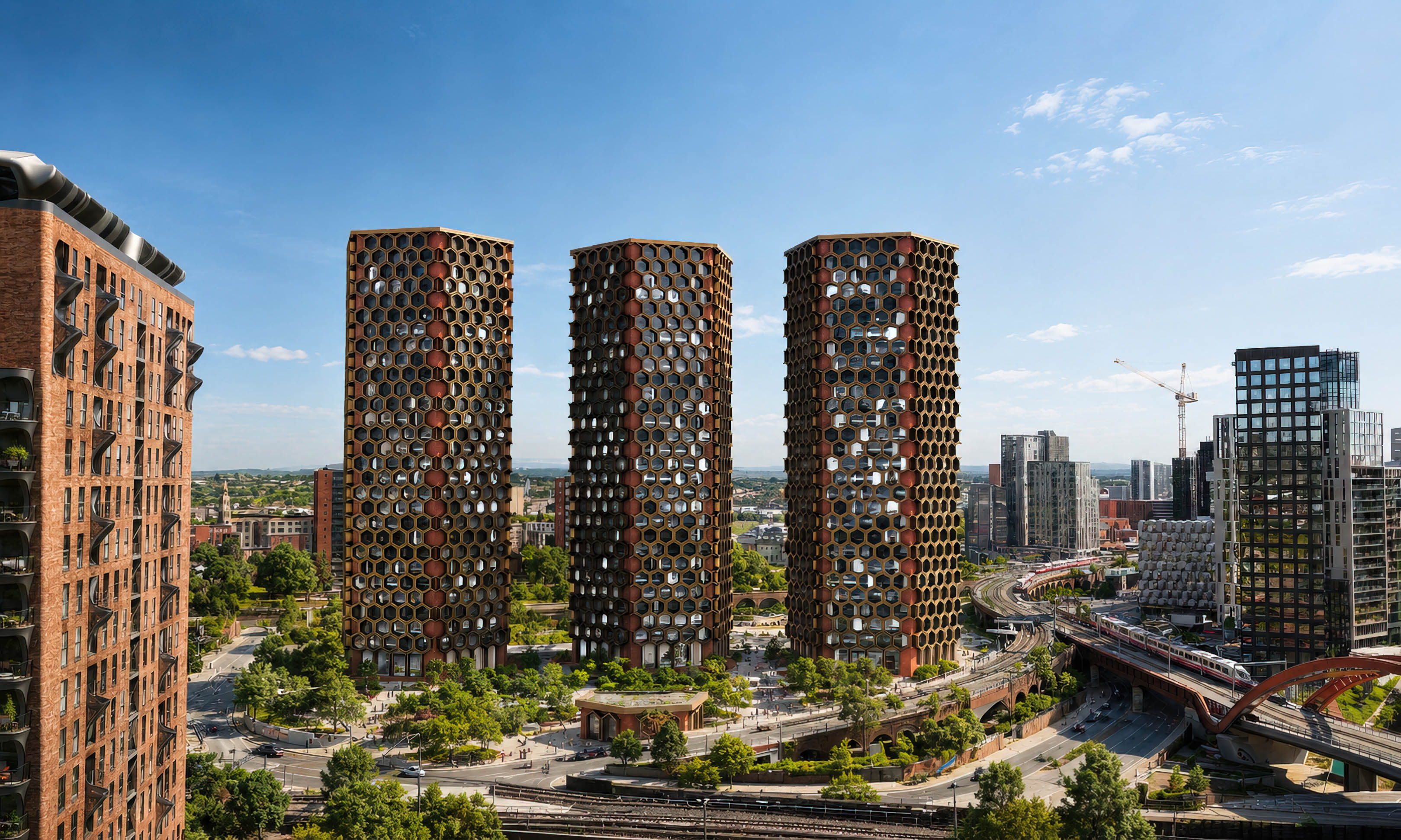 Ultra realistic architectural visualisation of Hive Living MCR at Middlewood Basin in Manchester featuring three contemporary honeycomb residential towers surrounded by landscaped public realm, transport infrastructure, and mixed-use urban regeneration. High-end CGI created by James Lyons at Pixelspaces showcasing luxury residential architecture, Manchester property development, sustainable city living, and AI-assisted architectural visualisation for architects, interior designers, and property developers in the UK