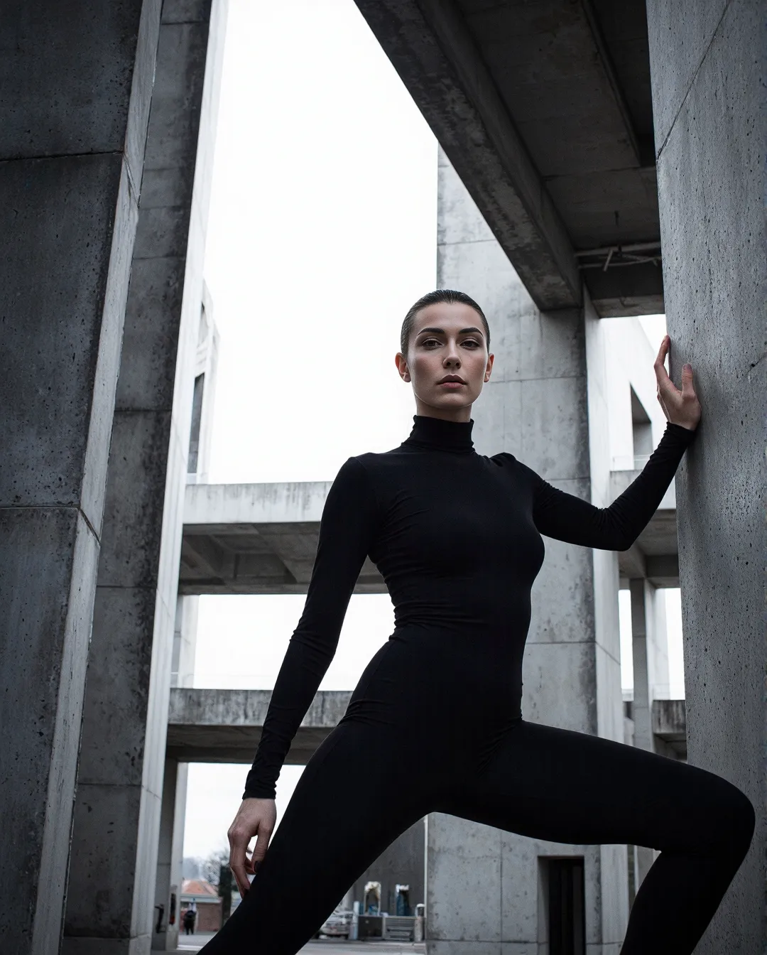 Figure in all-black athleisure attire posed dramatically between concrete pillars of a modernist structure, creating striking contrast and form.