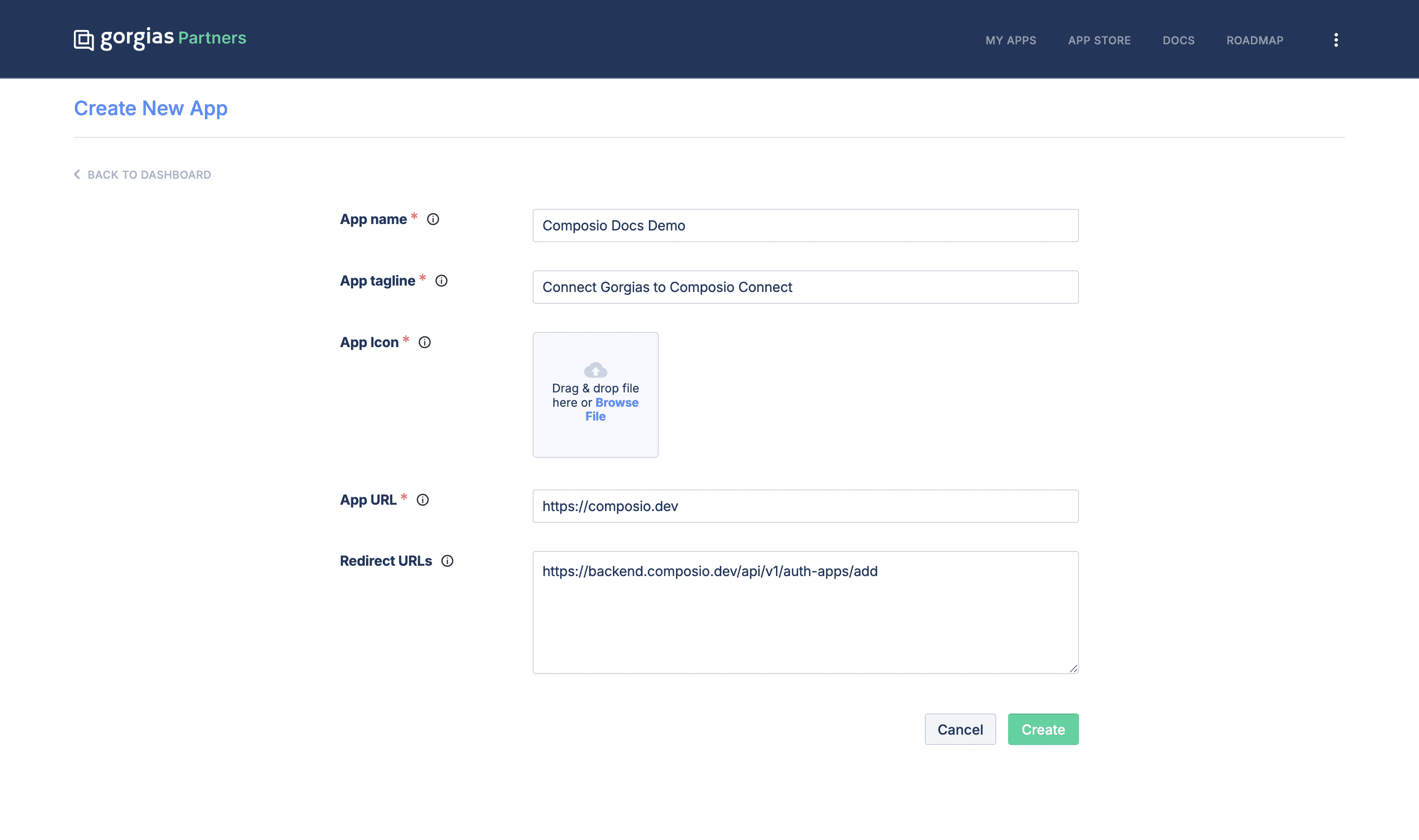 Gorgias Create New App form with Redirect URL