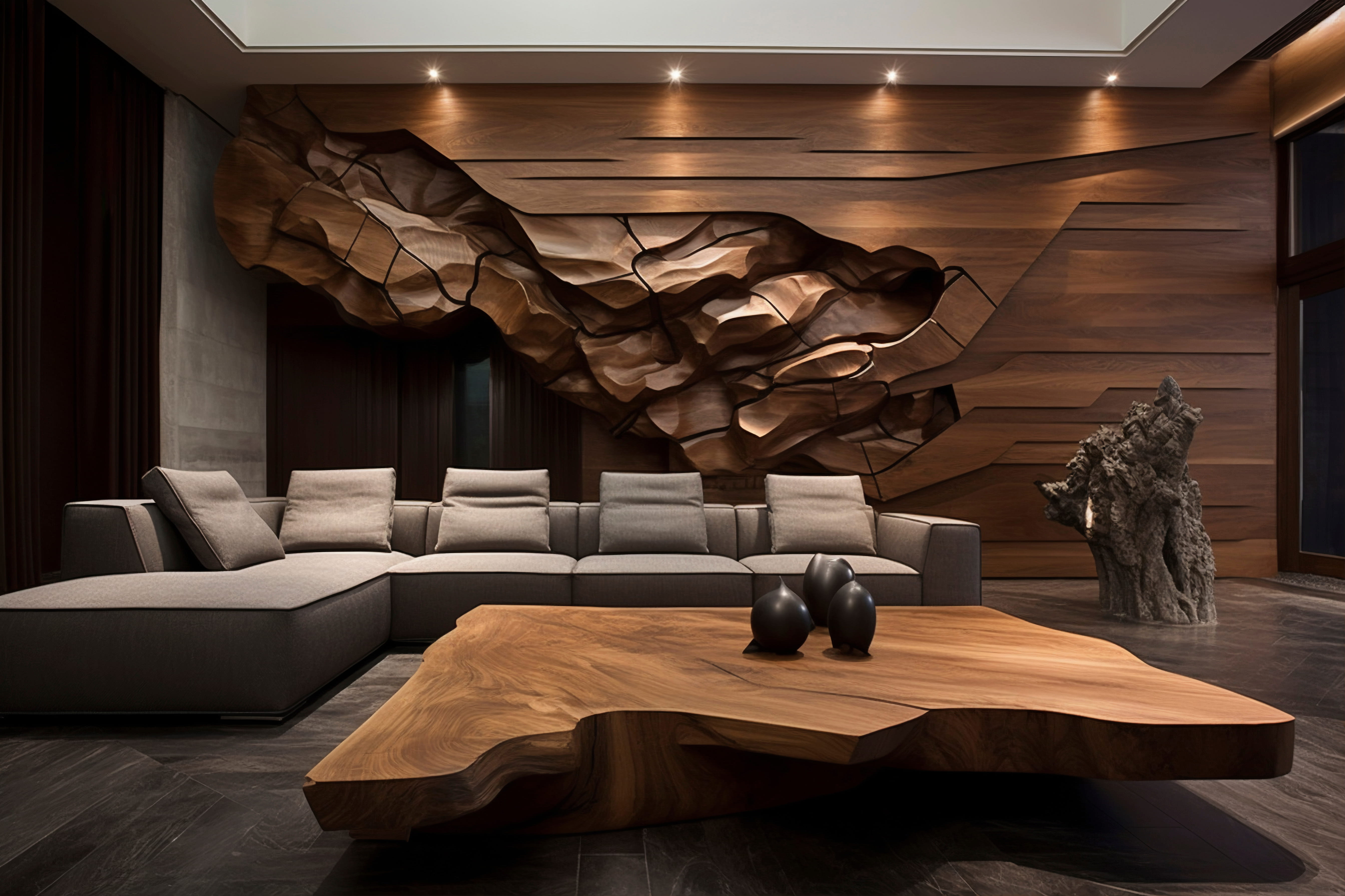 Modern glass and wood cabin with a cozy outdoor deck featuring wicker furniture, surrounded by lush green trees and a serene forest setting.