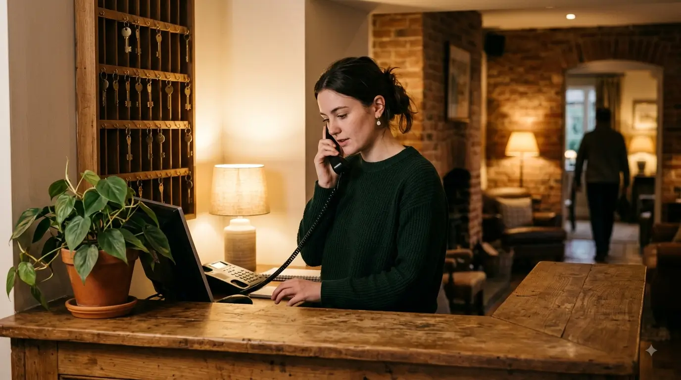Front desk staff member at a small independent hotel taking a booking enquiry by phone in the evening.