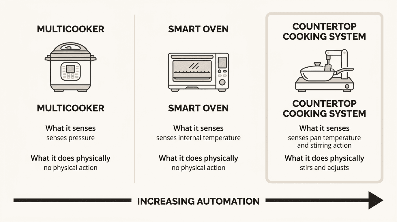 Infographic comparing sensing and physical action of multicooker, smart oven, and countertop cooking robot