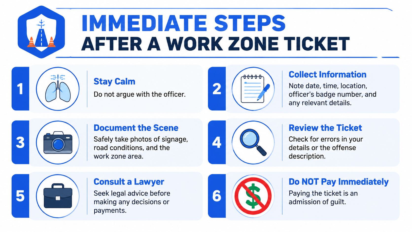A six-step infographic guide detailing immediate actions to take after receiving a work zone traffic ticket.