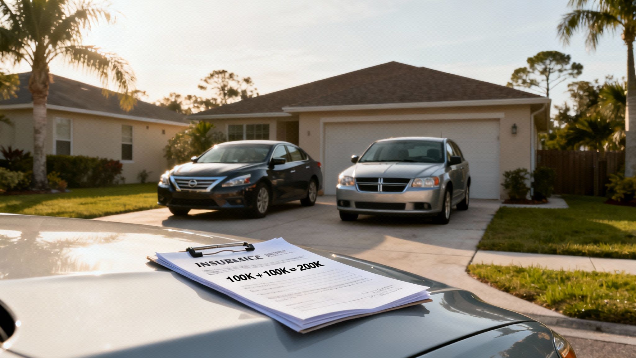 An insurance document on a clipboard on a car hood, with two cars and a house in the background.
