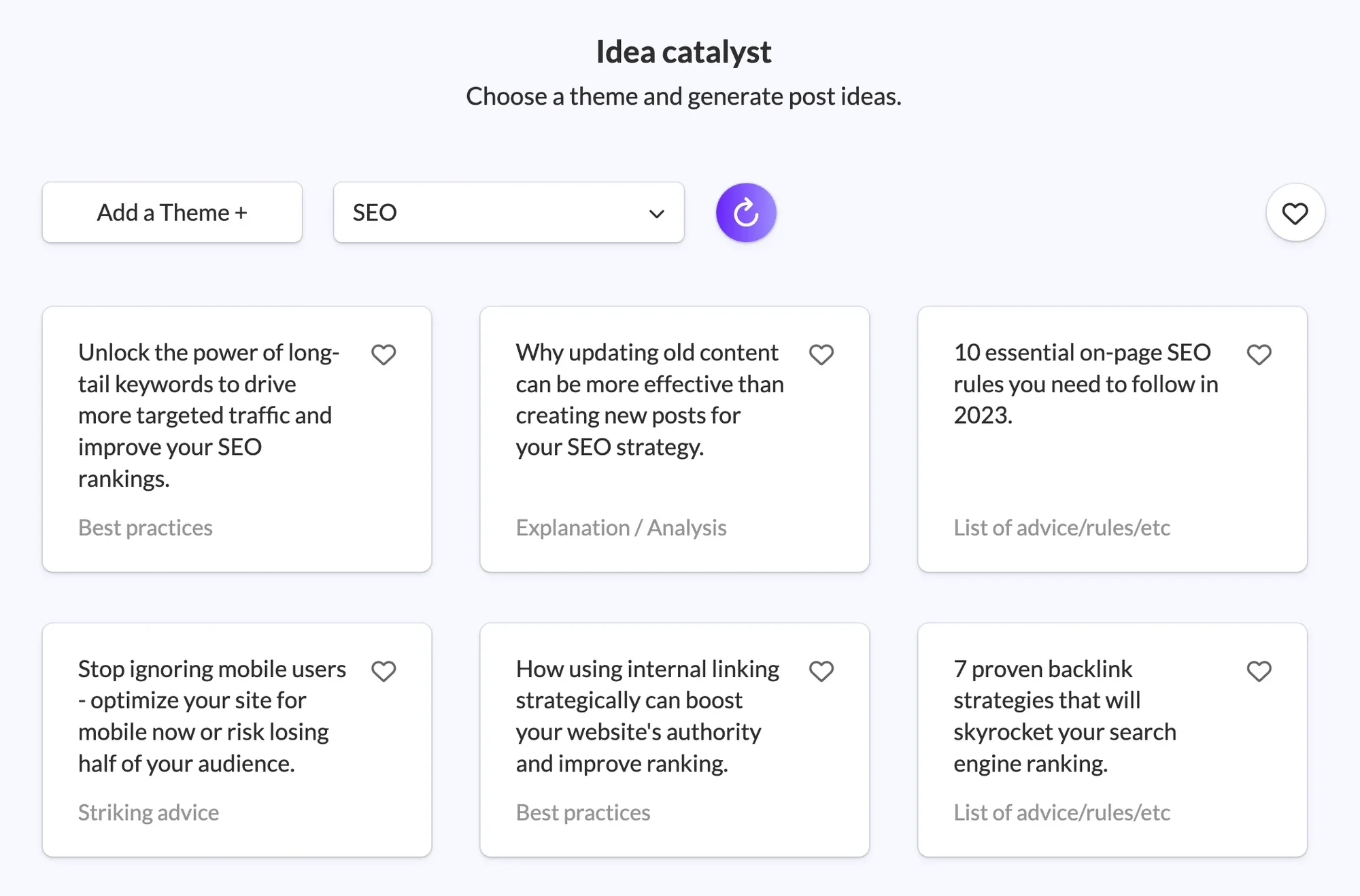 MagicPost's idea catalyst, generating 6 unique ideas with a specific theme to help you seamlessly automate LinkedIn posts