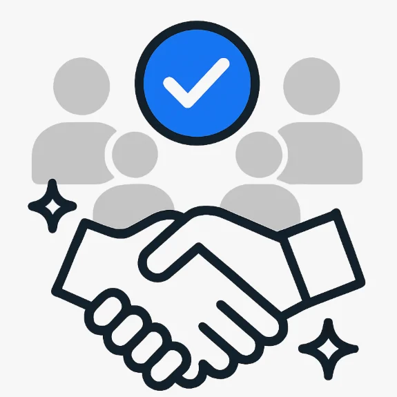Icône confiance entreprises - Mains qui se serrent, check bleu et silhouettes partenaires