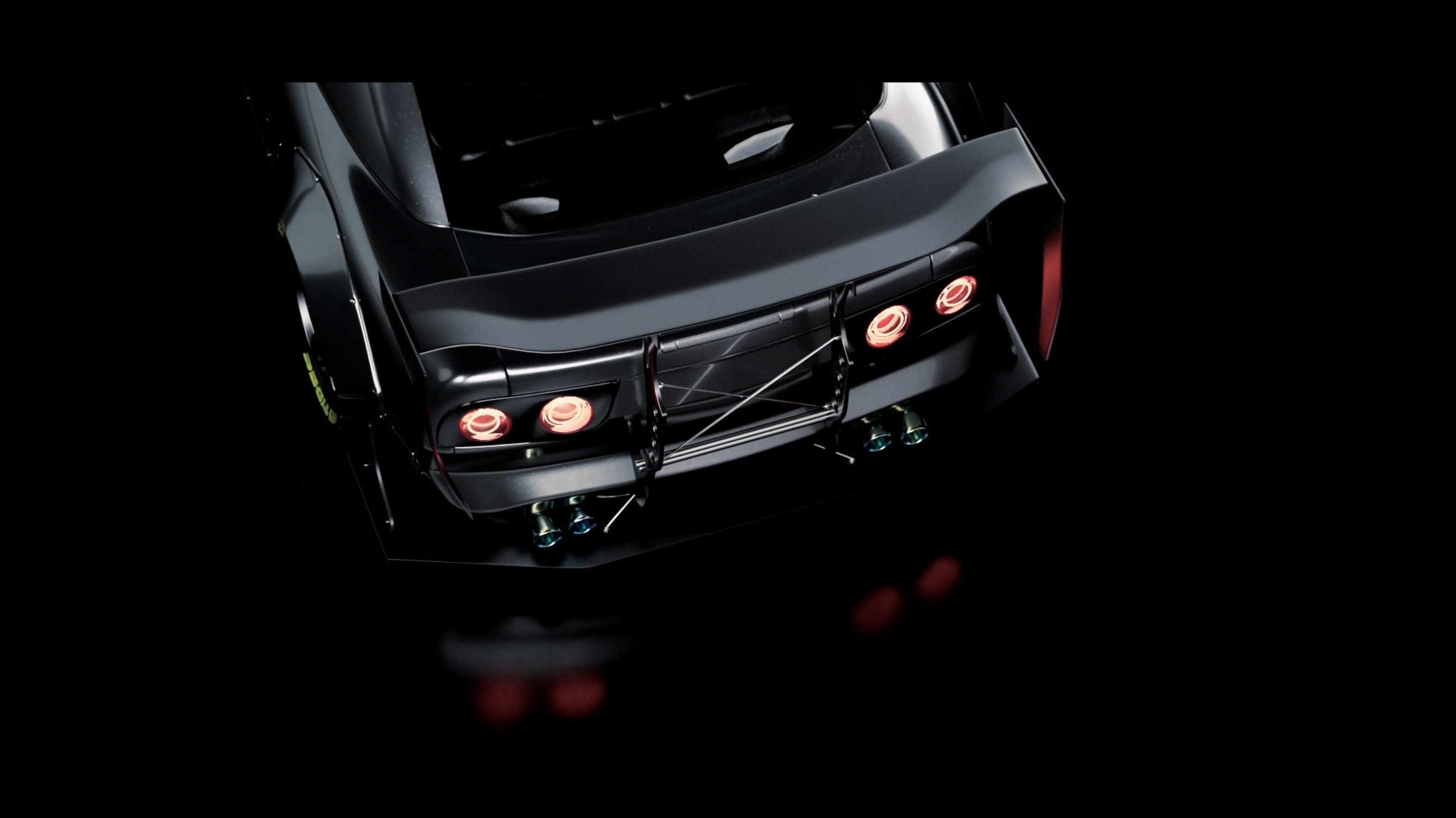 Rendering der Heckpartie mit Fokus auf Diffusor, Auspuffanlage und Widebody-Radlaufverbreiterung