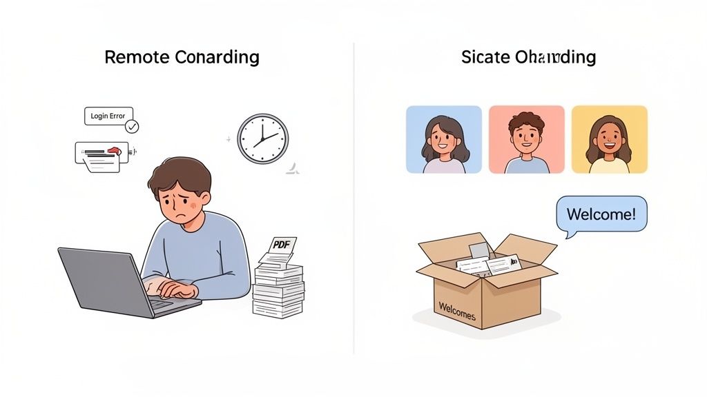 Illustrates the contrast between frustrating remote onboarding with login errors and welcoming smooth onboarding for new hires.