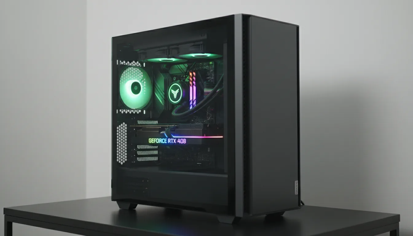 DSLR product photograph of a modern Lenovo Legion gaming PC tower on a black desk against a neutral white wall. The shot is a clean, three-quarters view under soft studio lighting. The tempered glass side panel reveals the meticulously organized interior, featuring a large GeForce RTX 4080 graphics card with a vibrant rainbow RGB light strip, a liquid-cooled CPU with a circular glowing green brand logo, and a matching green illuminated rear exhaust fan. The case is a sleek, matte dark gray metal with sharp focus and high detail on all components.