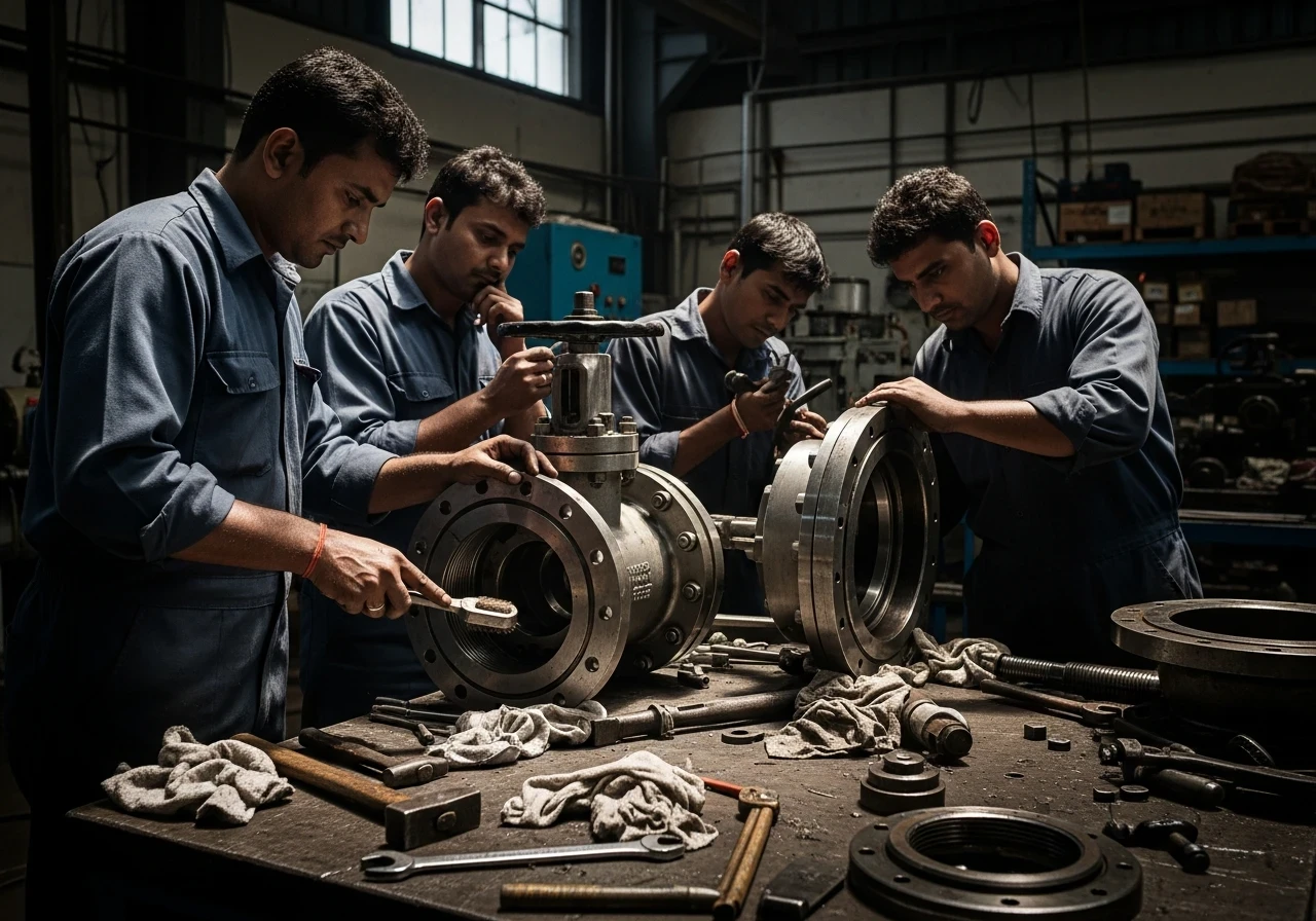 Technician inspecting industrial valve in service setting