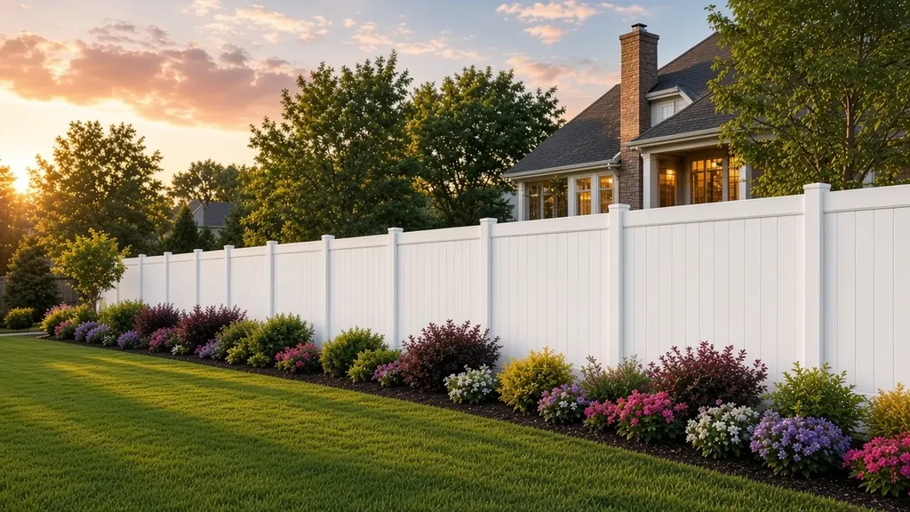 White vinyl privacy fence along a flower-lined backyard at sunset