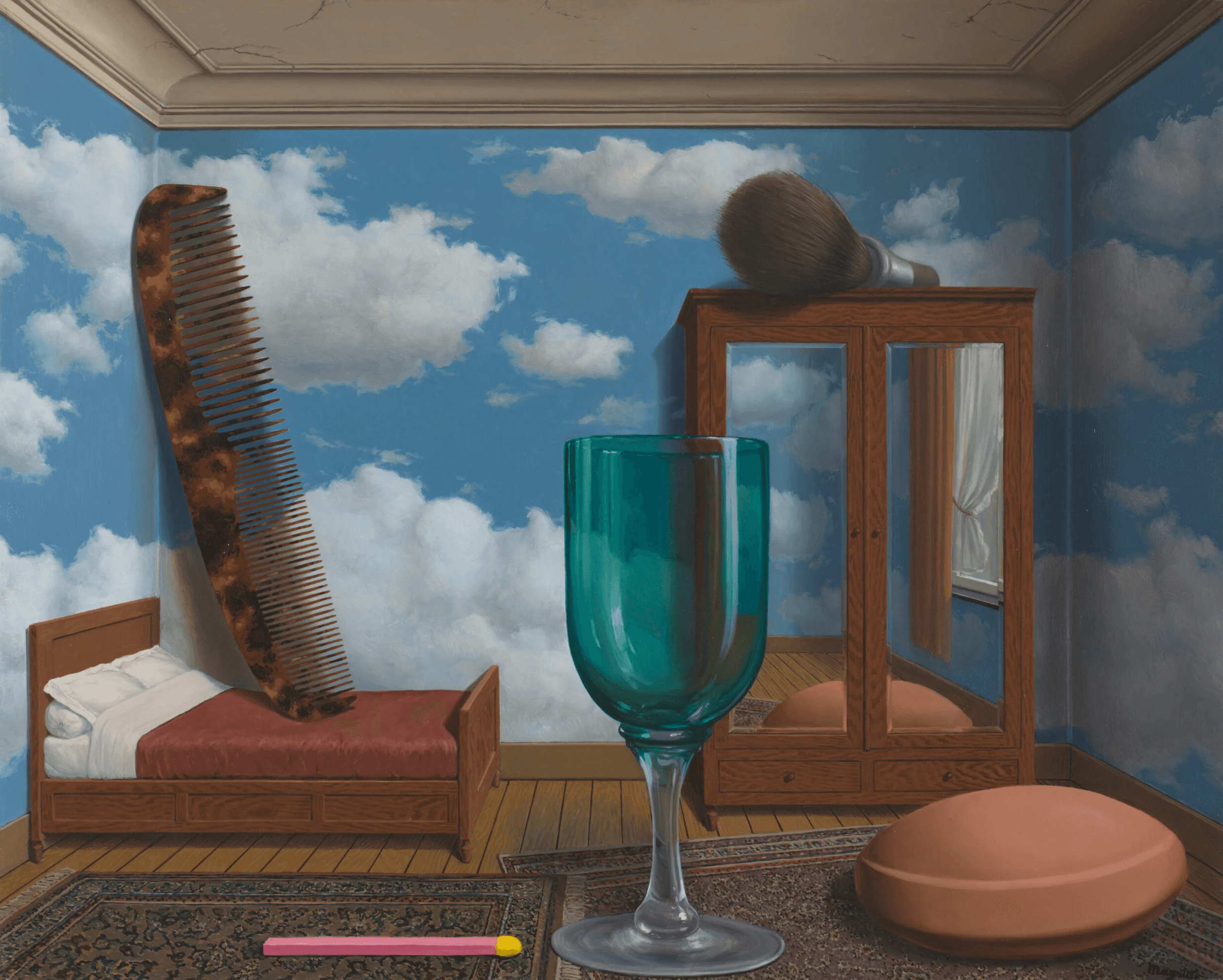 Surreal painting with comb, bed, brush, glass, mirror, and soap against a cloudy sky background.