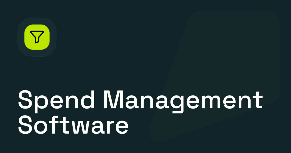 Spend management software title banner with filter icon on dark background.