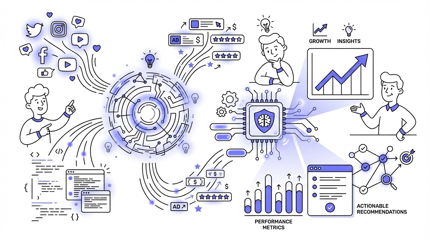 A dynamic infographic showing AI tools analyzing a competitor's digital presence. Various digital data streams like social media icons and website snippets flow into a glowing AI interface, which then projects holographic data visualizations and insights.