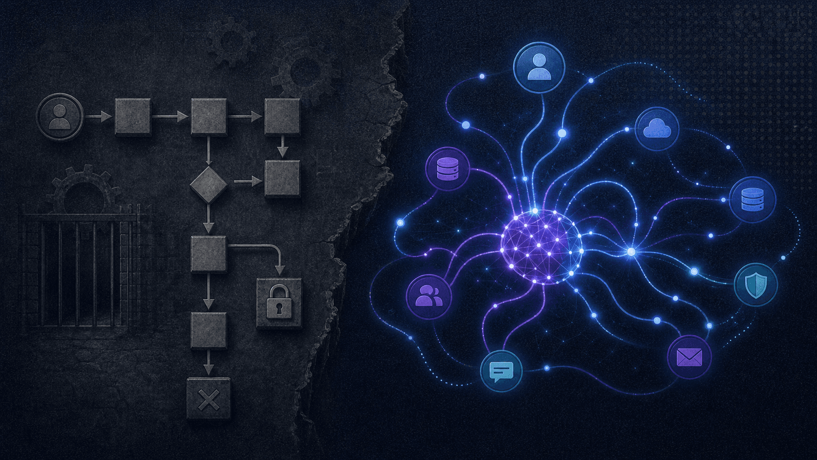 A split-scene illustration showing two contrasting workflow paths side by side. On the left, a rigid mechanical flowchart with fixed decision boxes connected by straight arrows, gears and locked pathways, representing rules-based automation hitting a dead end. On the right, a fluid, intelligent network of glowing nodes and dynamic curved connections representing an AI agent autonomously navigating a complex request, with signals flowing through interconnected systems like identity providers, cloud apps, and communication platforms. Clean, modern, dark background with blue and purple accent lighting, no people.