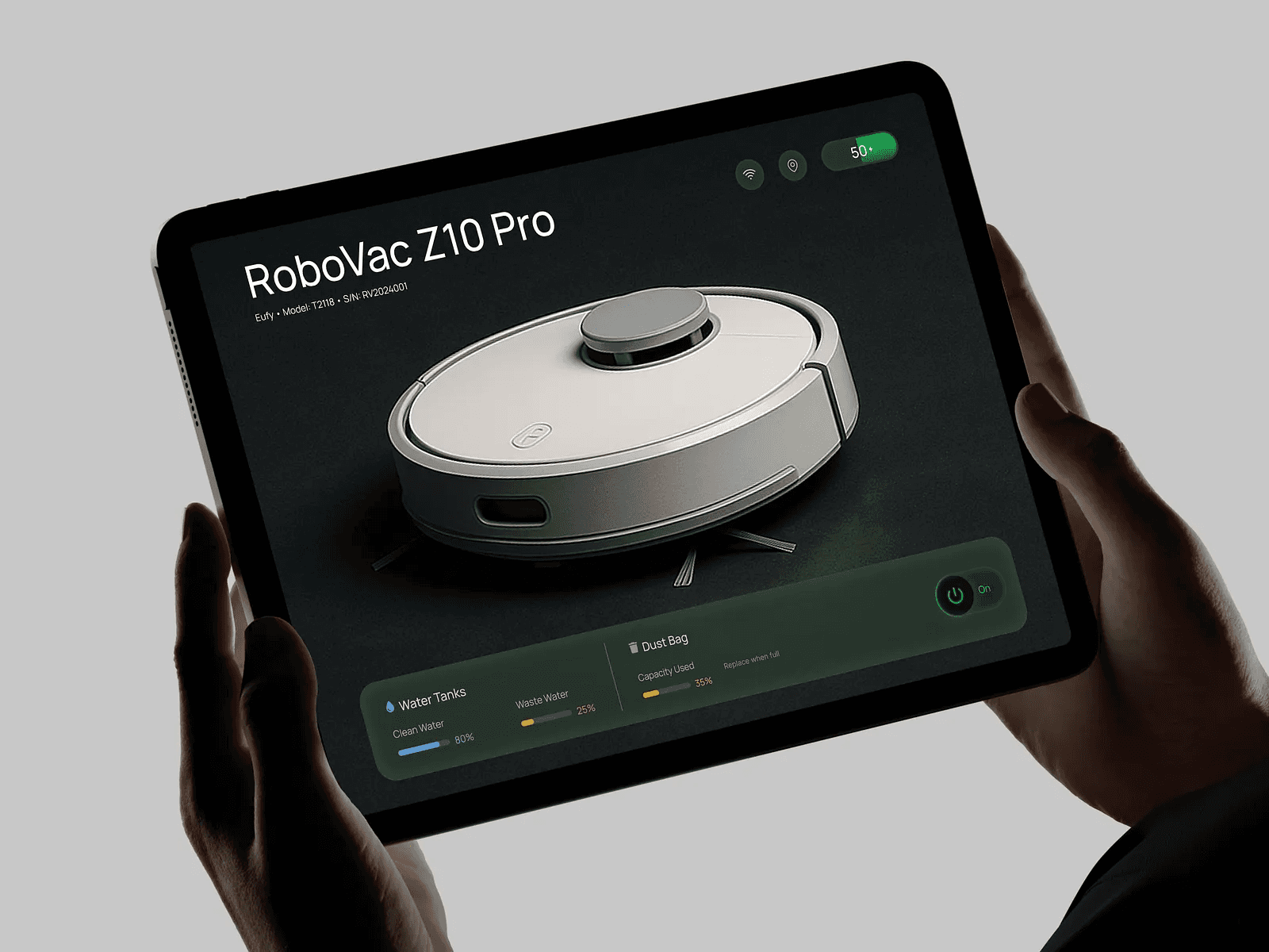 Person sitting in a modern office in front of a wall covered with notes and sketches.