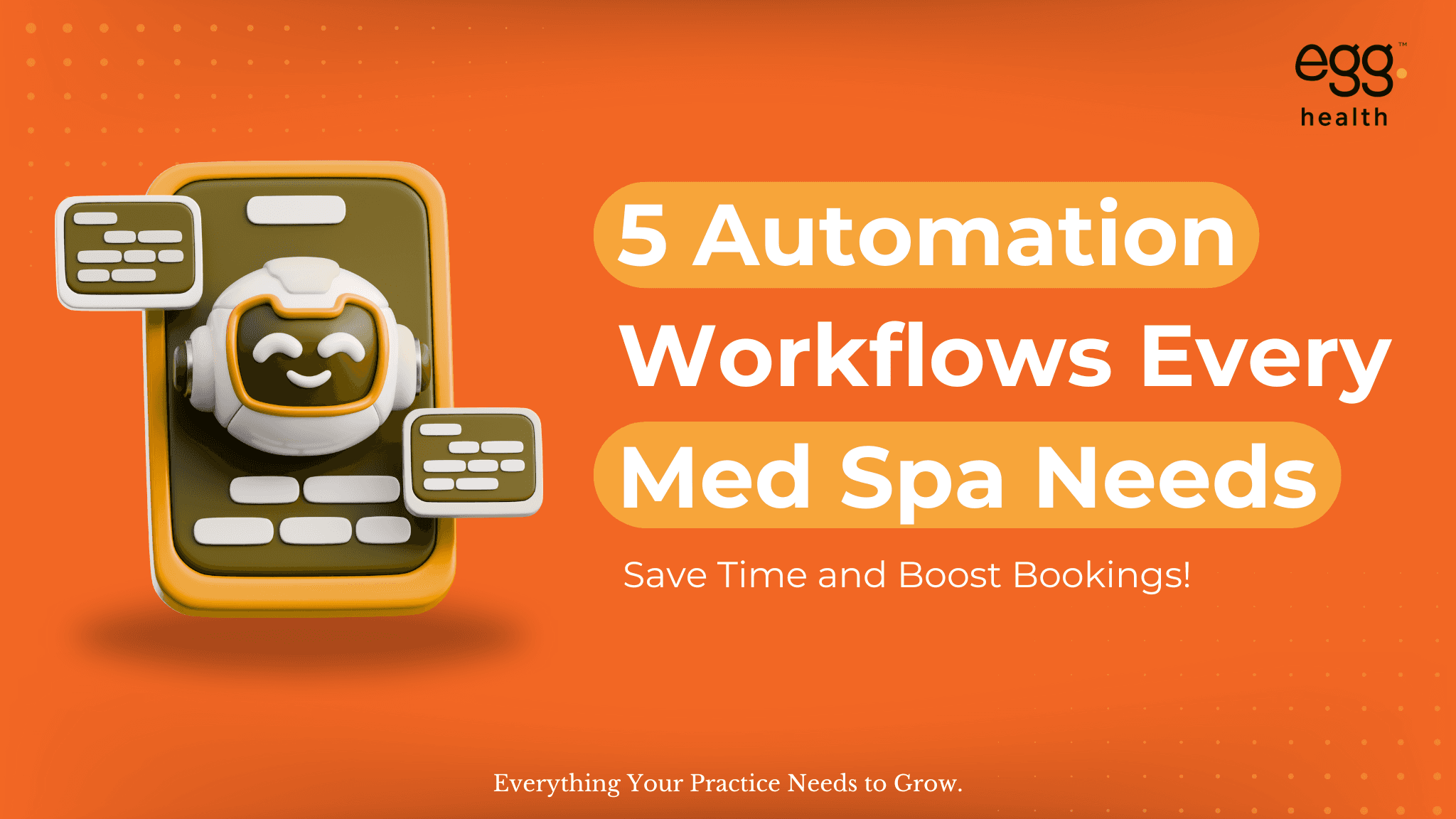 Med spa automation workflows banner with headline ‘5 Automation Workflows Every Med Spa Needs’ and subheading ‘Save Time and Boost Bookings.’ Highlights key automations for improving efficiency and increasing client appointments. Features a 3D chatbot illustration on a smartphone screen with message bubbles representing AI-driven communication and scheduling.
