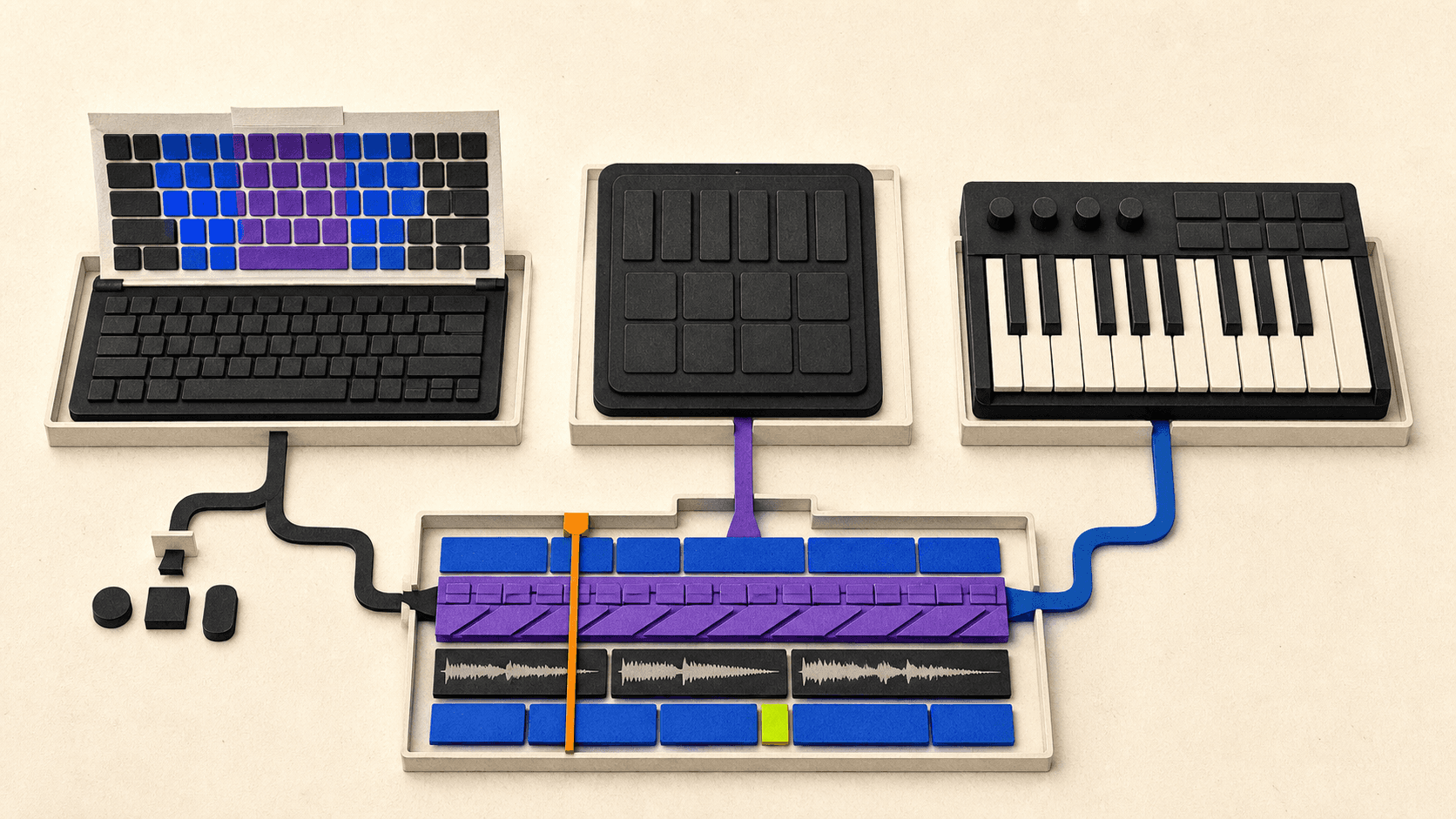 A computer typing keyboard, touch controller, and external MIDI keyboard feed the same four-bar music project through separate connections.