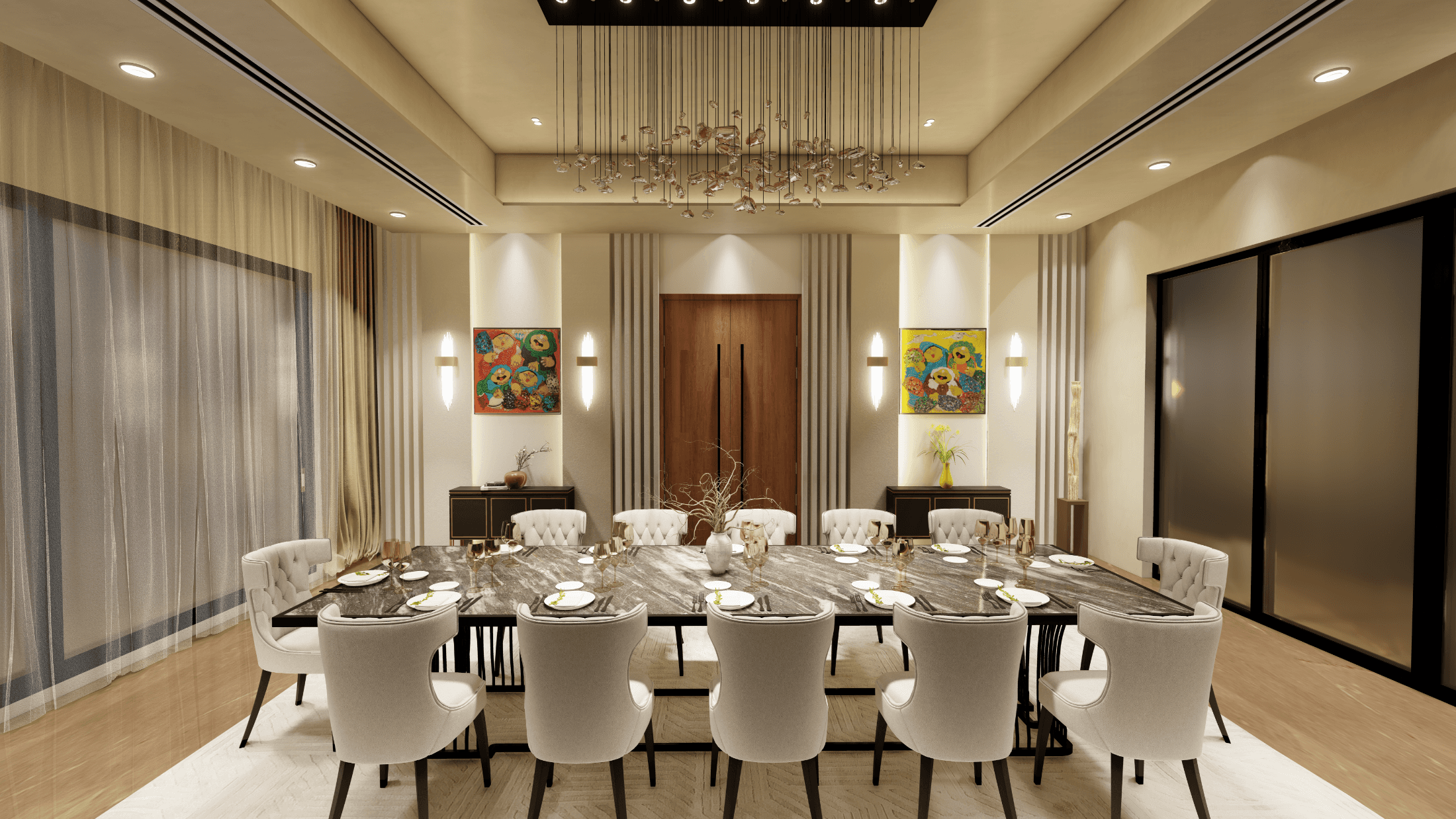 Elegant luxury dining room with a long marble table, upholstered chairs, statement chandelier, warm ambient lighting, textured wall panels, and a neutral palette in a modern high-end interior.