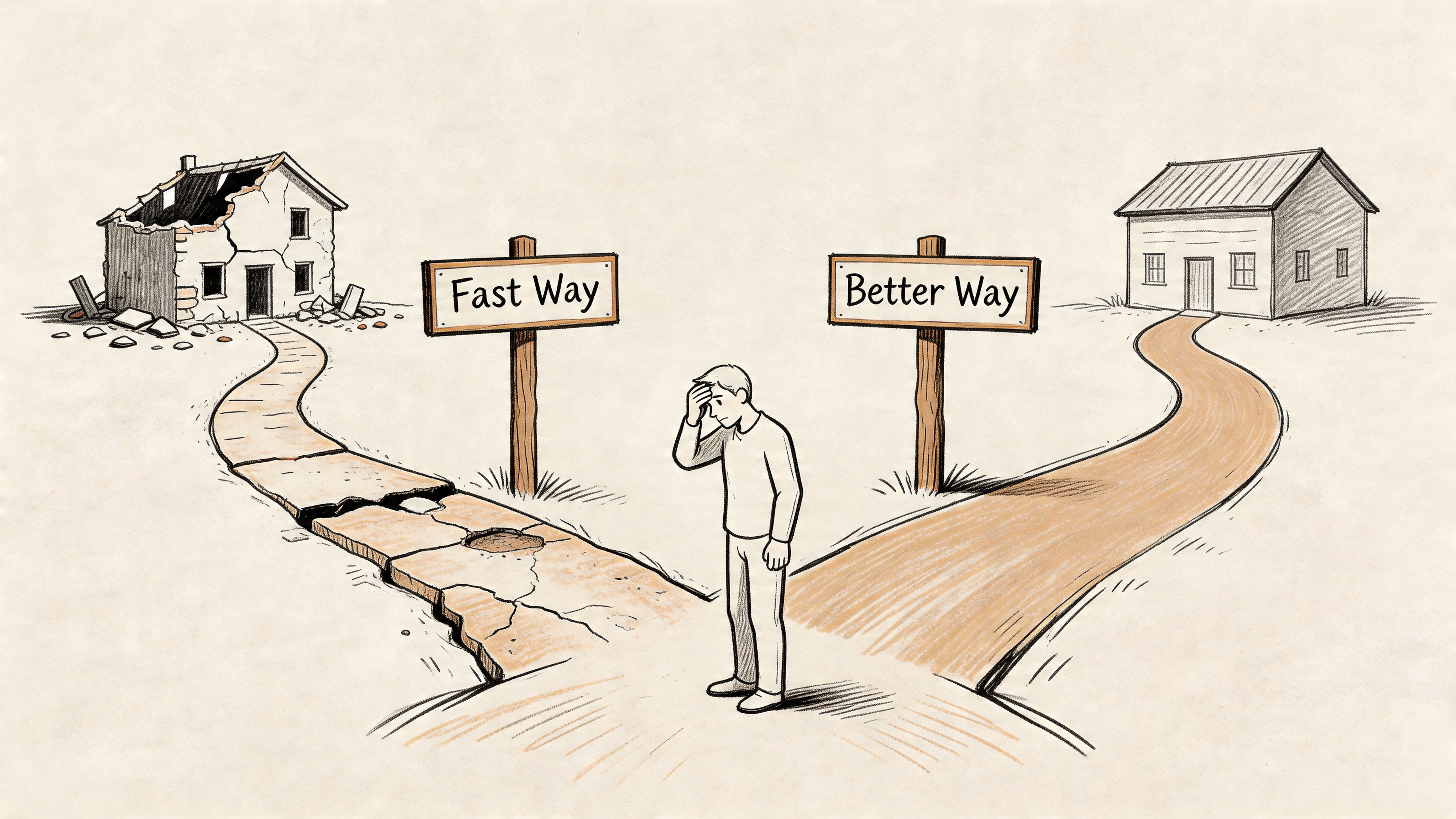 A conceptual illustration of a person choosing between a fast path to a broken house and a better path.