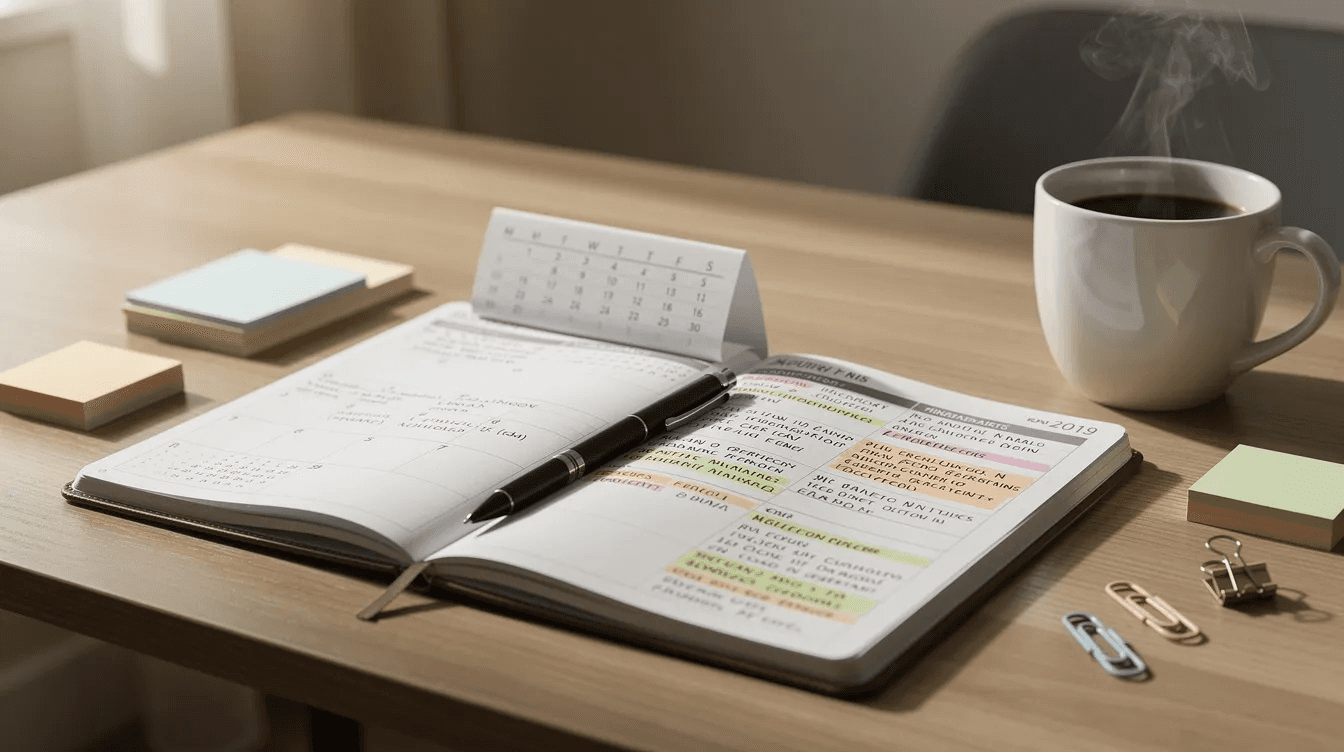 The image depicts a neatly organized desk featuring a calendar and planner alongside a coffee cup, symbolizing thoughtful financial planning and decision-making. This setup suggests the importance of managing newfound wealth and avoiding sudden wealth syndrome, while promoting emotional well-being and stability in one’s financial future.