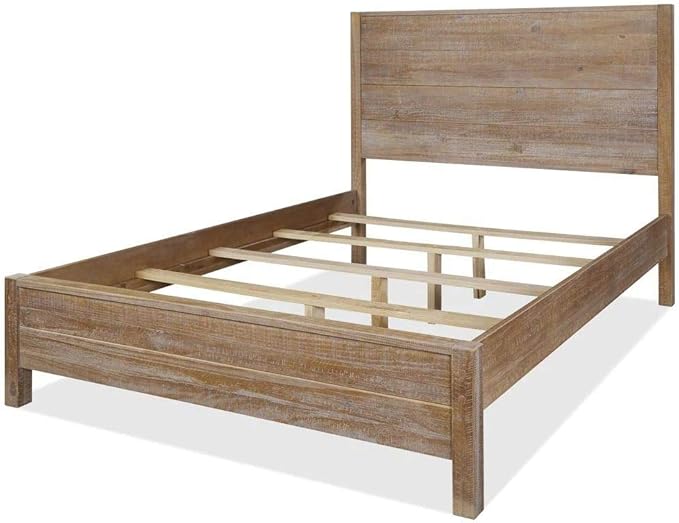 The driftwood platform bed is a stylish addition that complements any interior design.