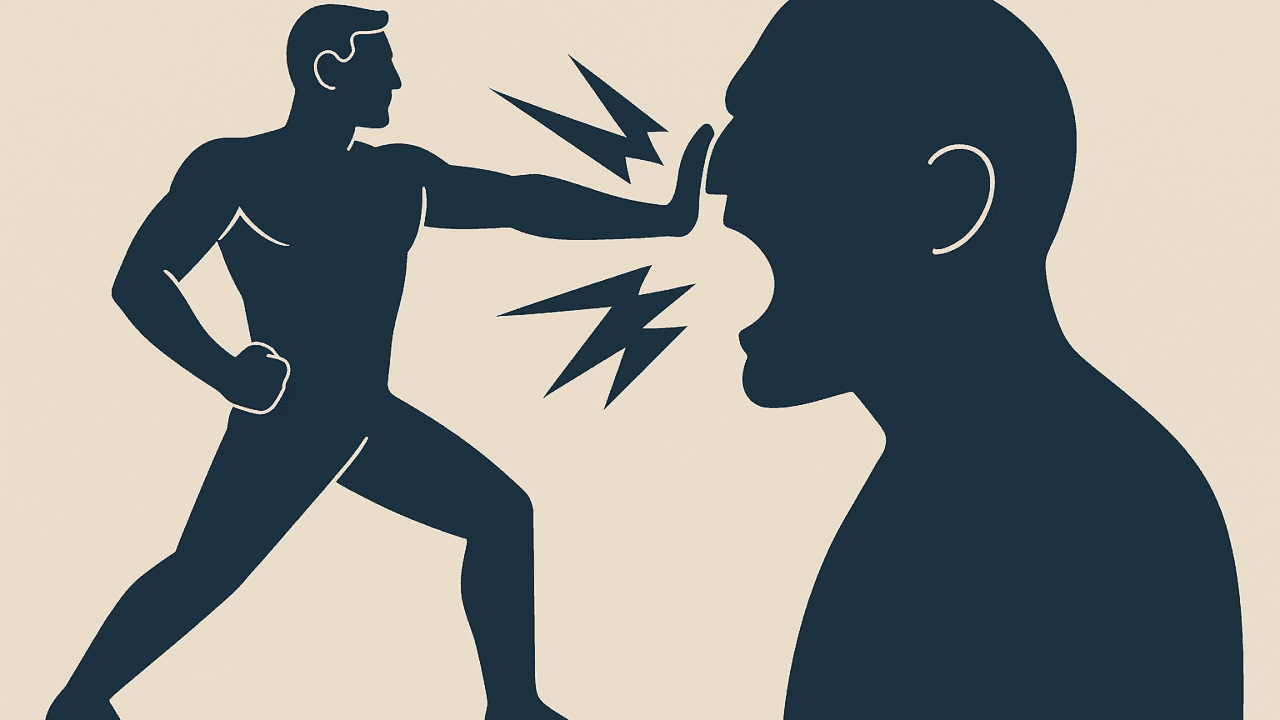 Illustration de deux profils humains sombres face à face, séparés par des éclairs blancs.