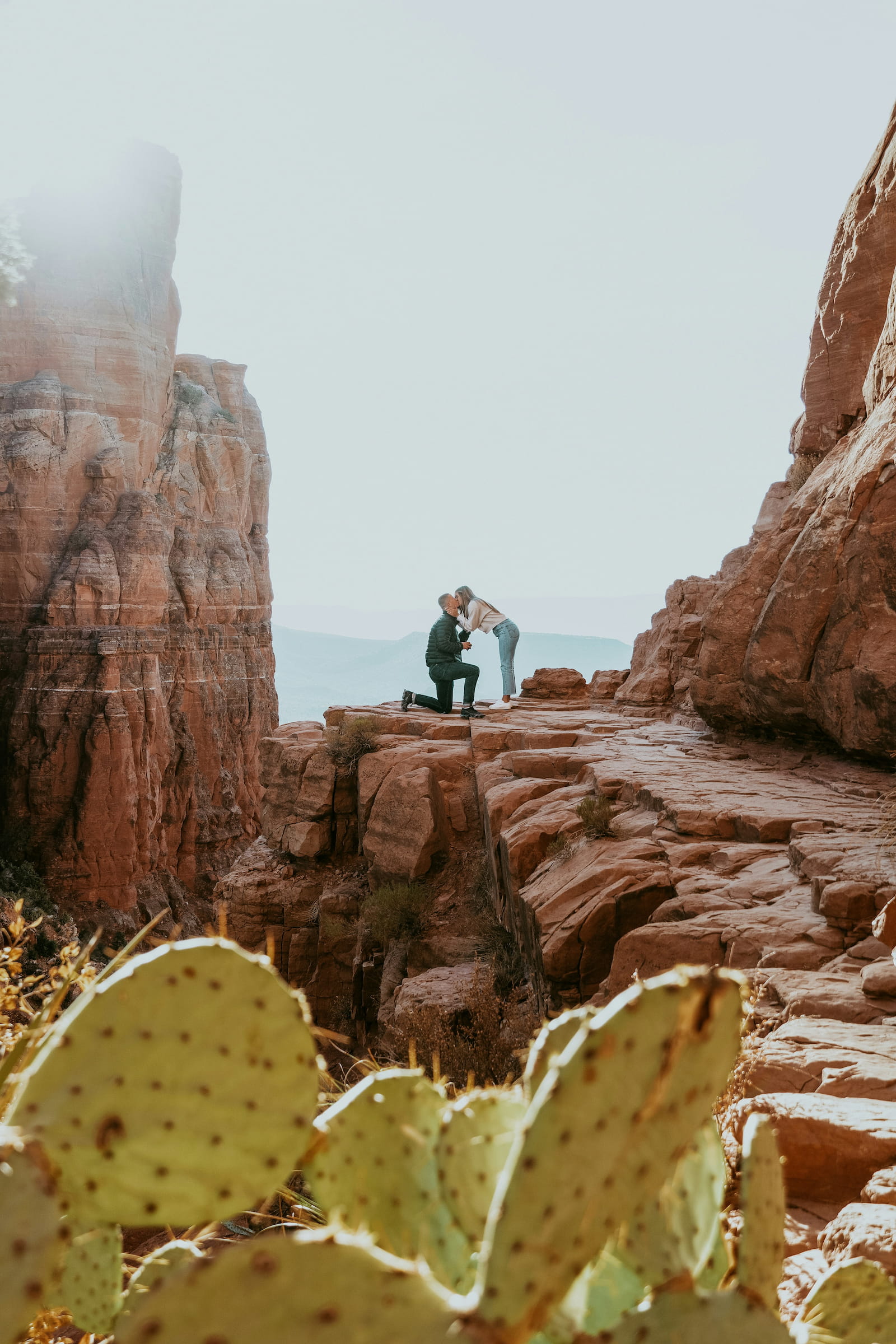 Partner down on one knee proposing on a red rock cliff edge between desert canyon walls with cactus in the foreground