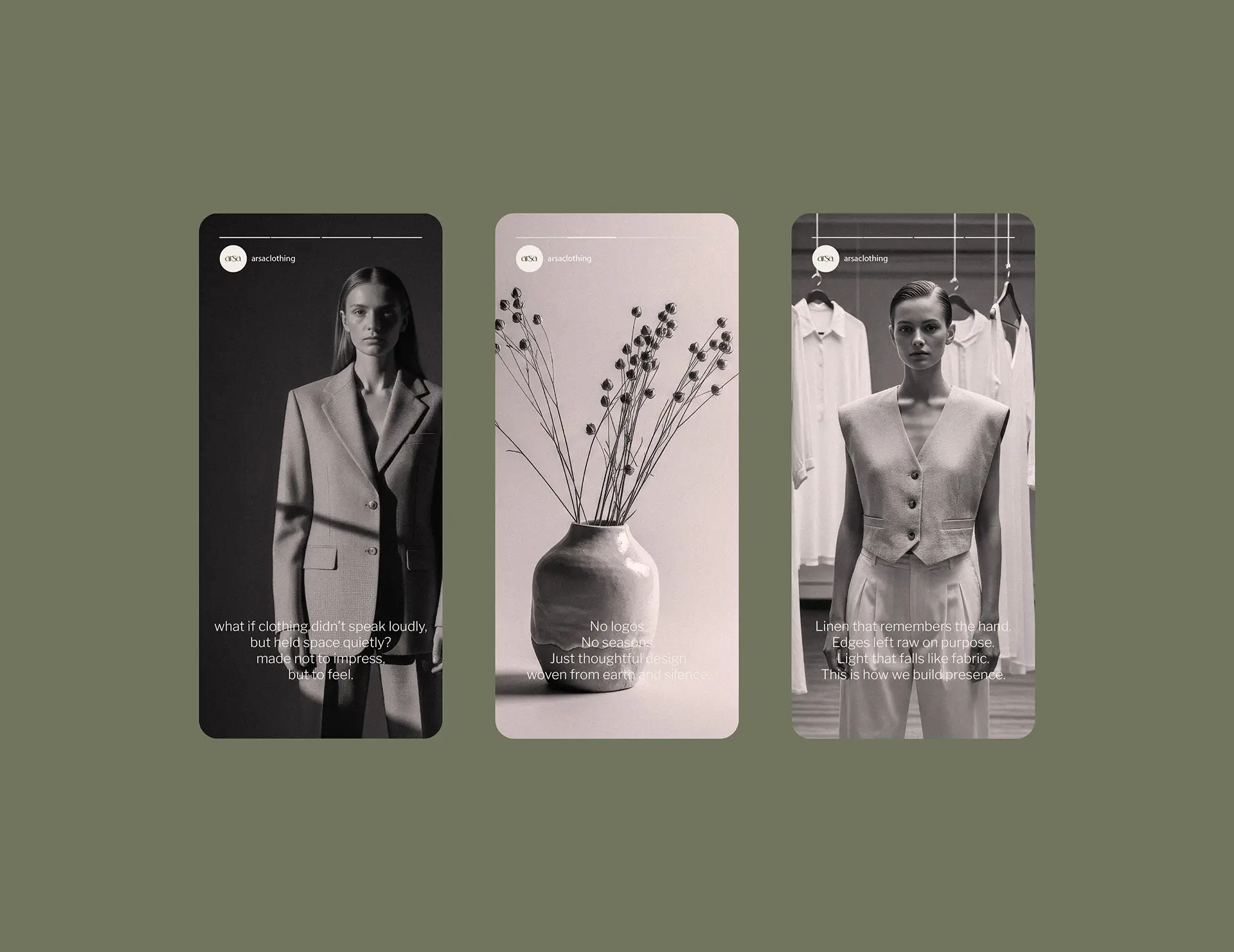 Social media design for Arsa premium clothing brand showing branded Instagram story templates with campaign photography