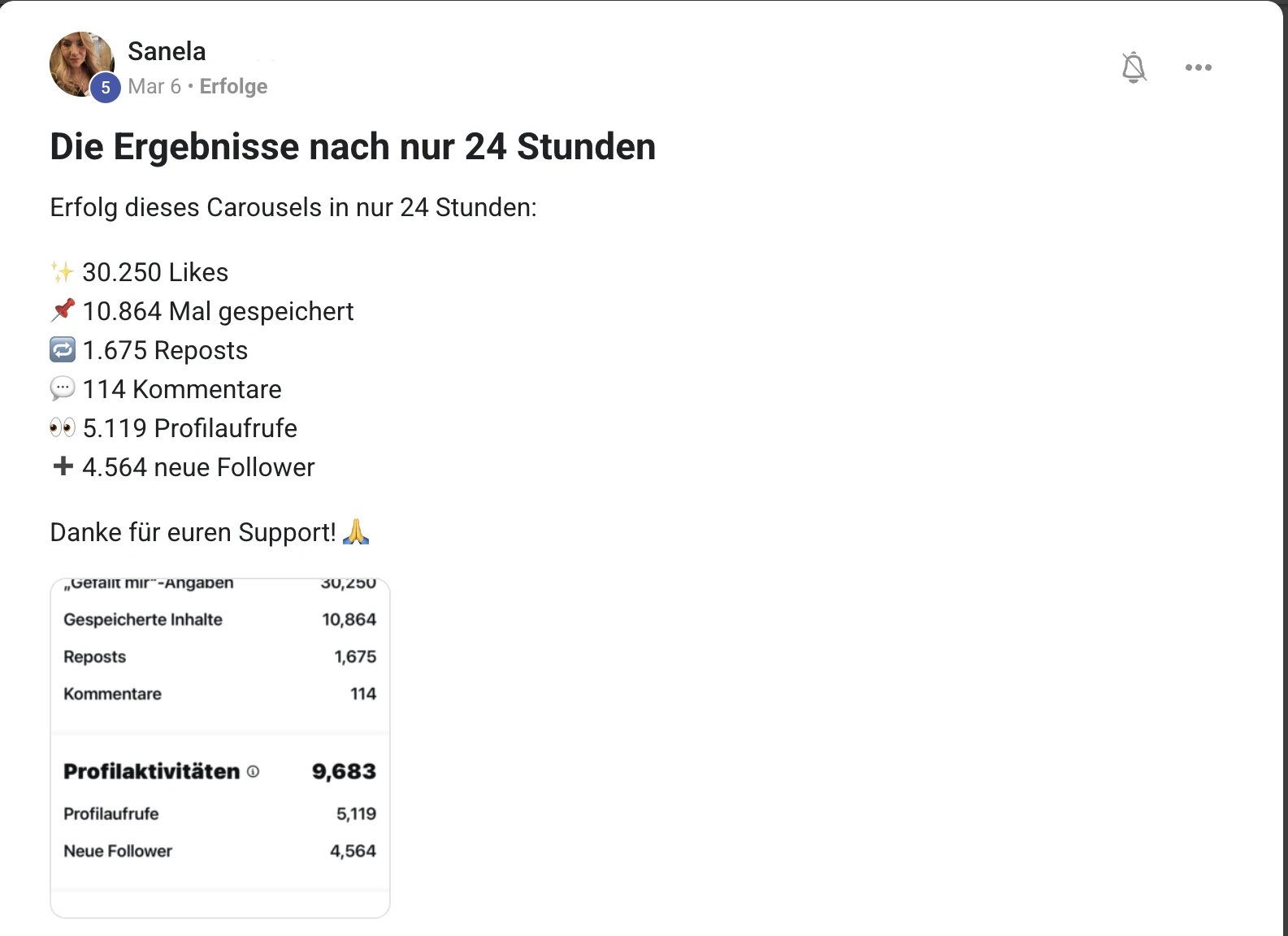 Kundenstimme KI Creator Akademie: Sanela gewinnt 4.564 Follower mit einem Karussell in 24 Stunden