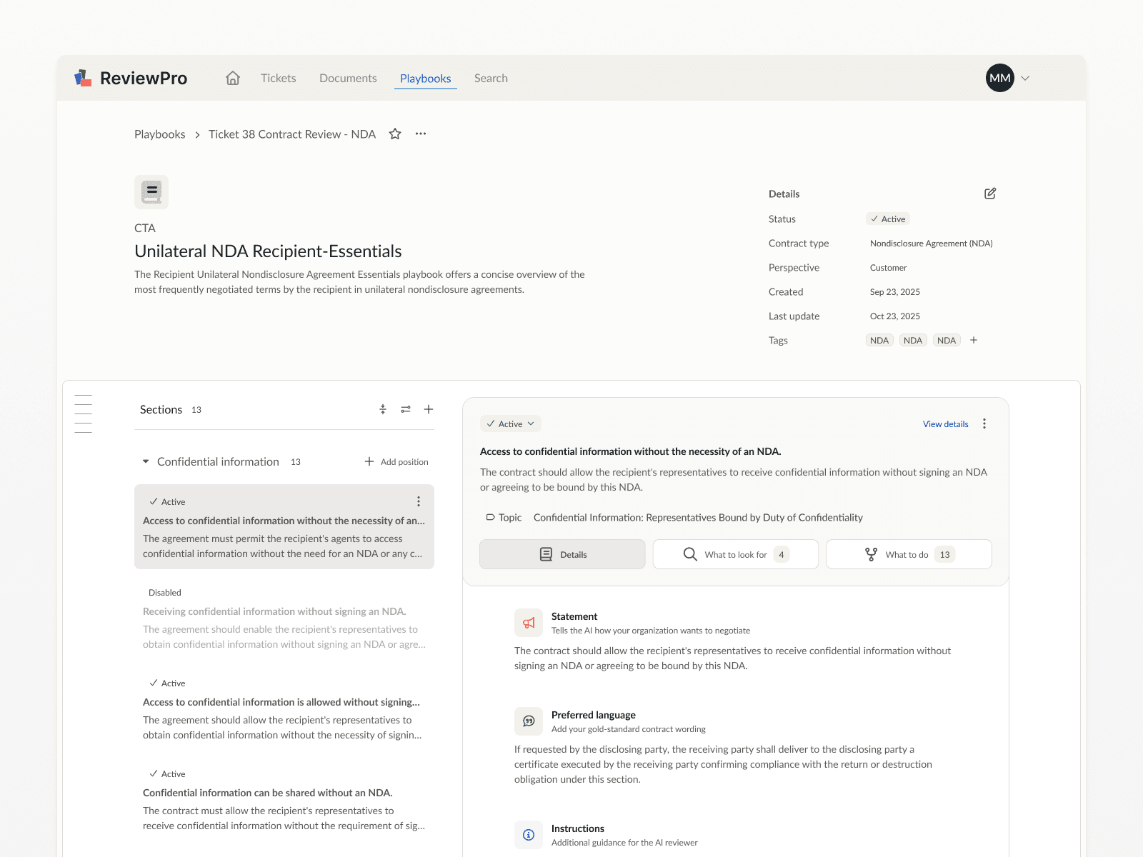ReviewPro desktop dashboard showing a playbook's clause positions and NDA details