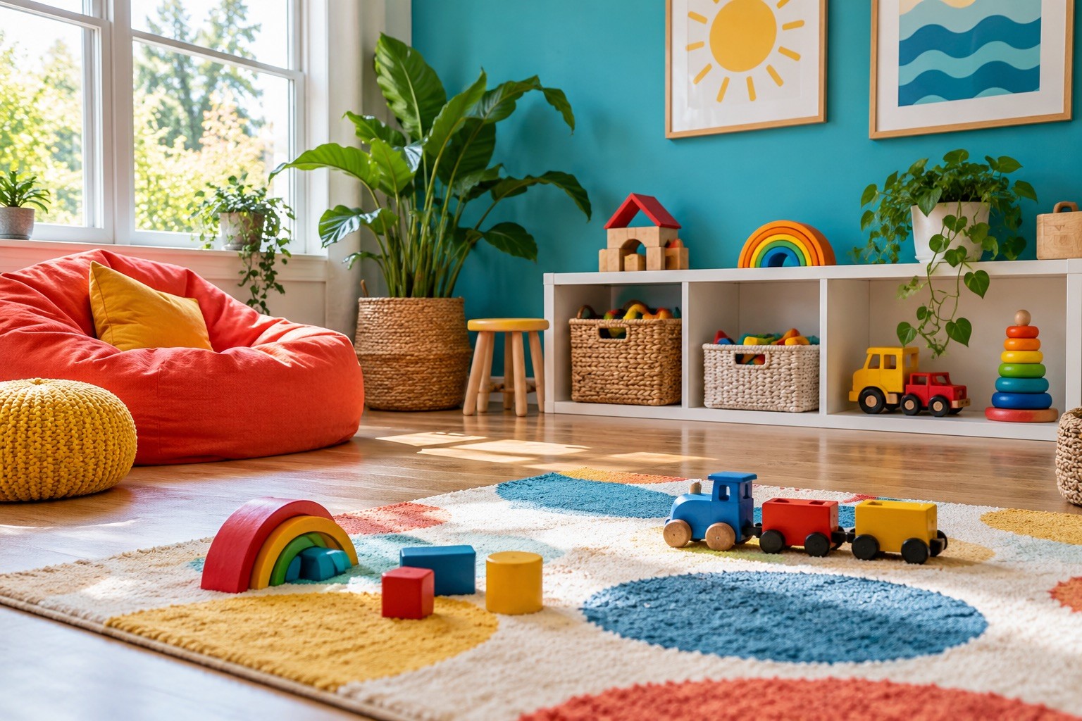 Un coin de jeu avec une étagère basse, des paniers et quelques jouets sur un tapis, devant un mur turquoise.