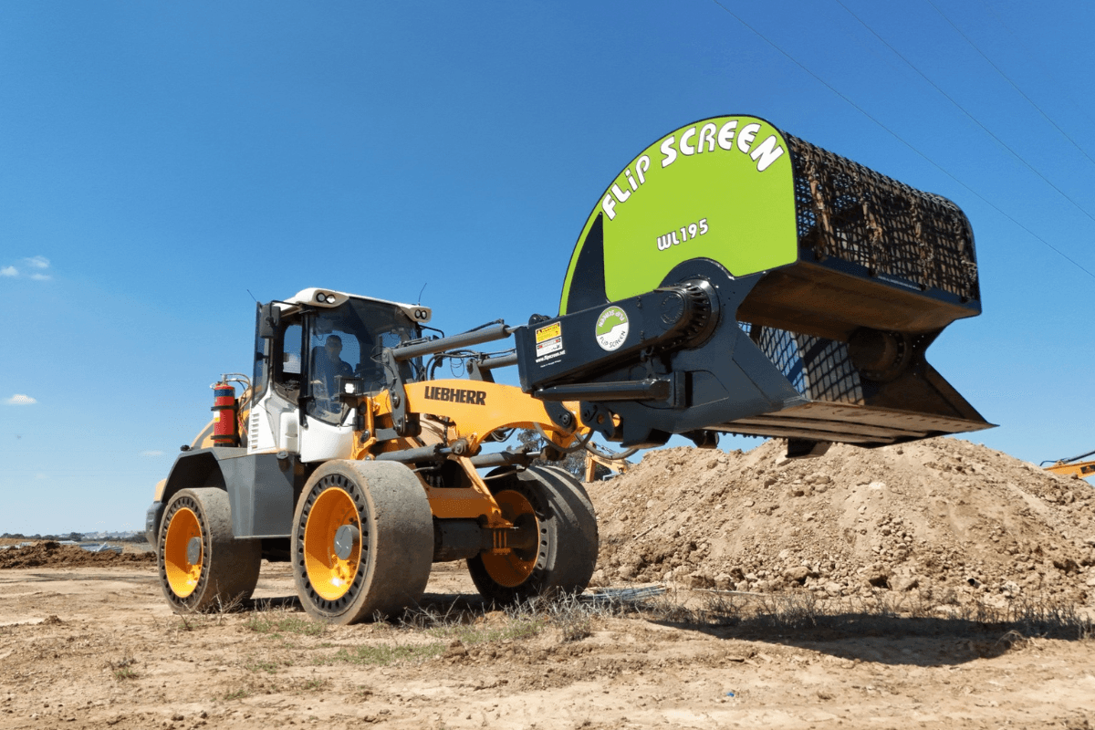 FlipScreen attachment on a Liebherr Loader