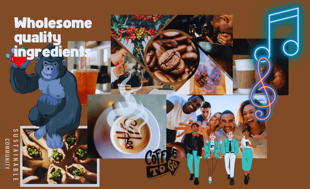 A moodboard featuring warm tones, natural textures, and cozy coffee shop imagery. Designed to reflect The Whole Crew’s values—creativity, community, and sustainability—this visual set the tone for the logo’s style and personality.