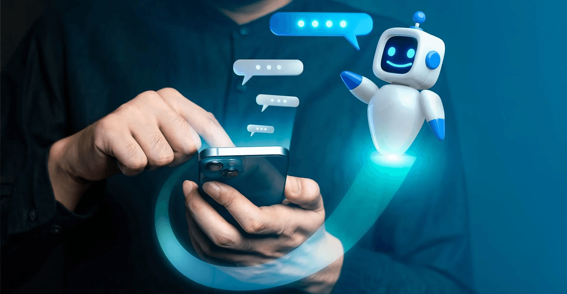 Man messaging digital robot assistant - Lead Management Chatbot