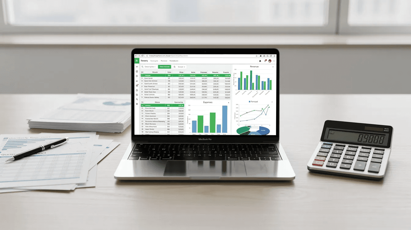 The image depicts a modern office desk featuring a calculator, various financial documents, and a laptop displaying spreadsheet data, which may relate to VAT compliance and return filing for businesses in the UAE. This setup suggests a focus on professional VAT consultancy services and strategic tax planning for efficient tax management.