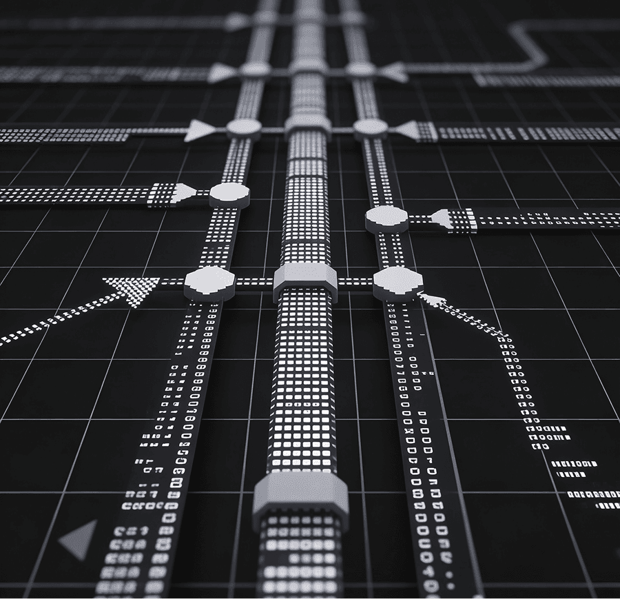 Conceptual illustration of realtime data pipelines routing information through automated workflows and decision paths.