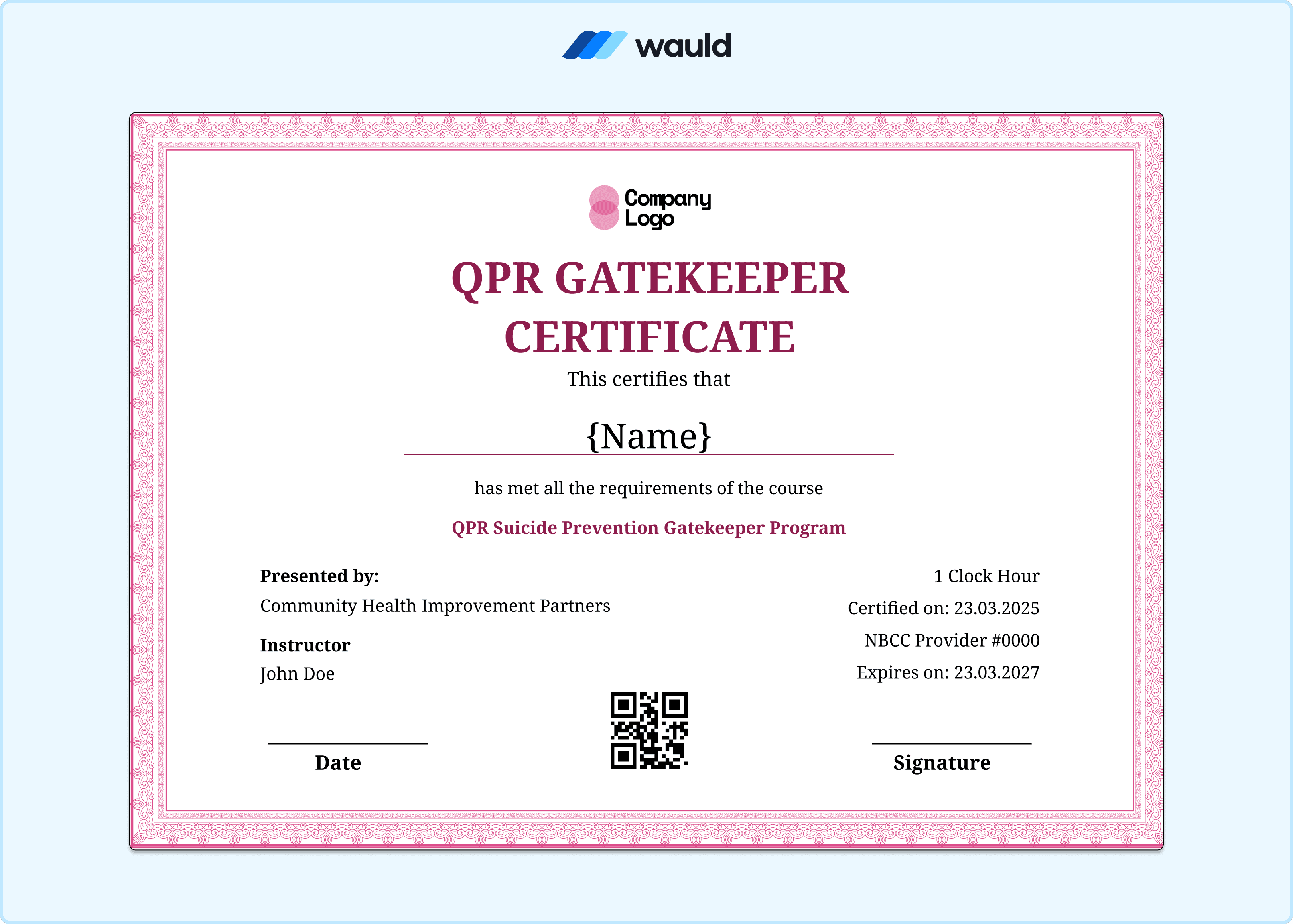 Ornate pink bordered QPR Suicide Prevention Gatekeeper certificate template with delicate decorative detailing, recipient name field, instructor details, certified date, expiry date, NBCC Provider number, QR code, and signature line