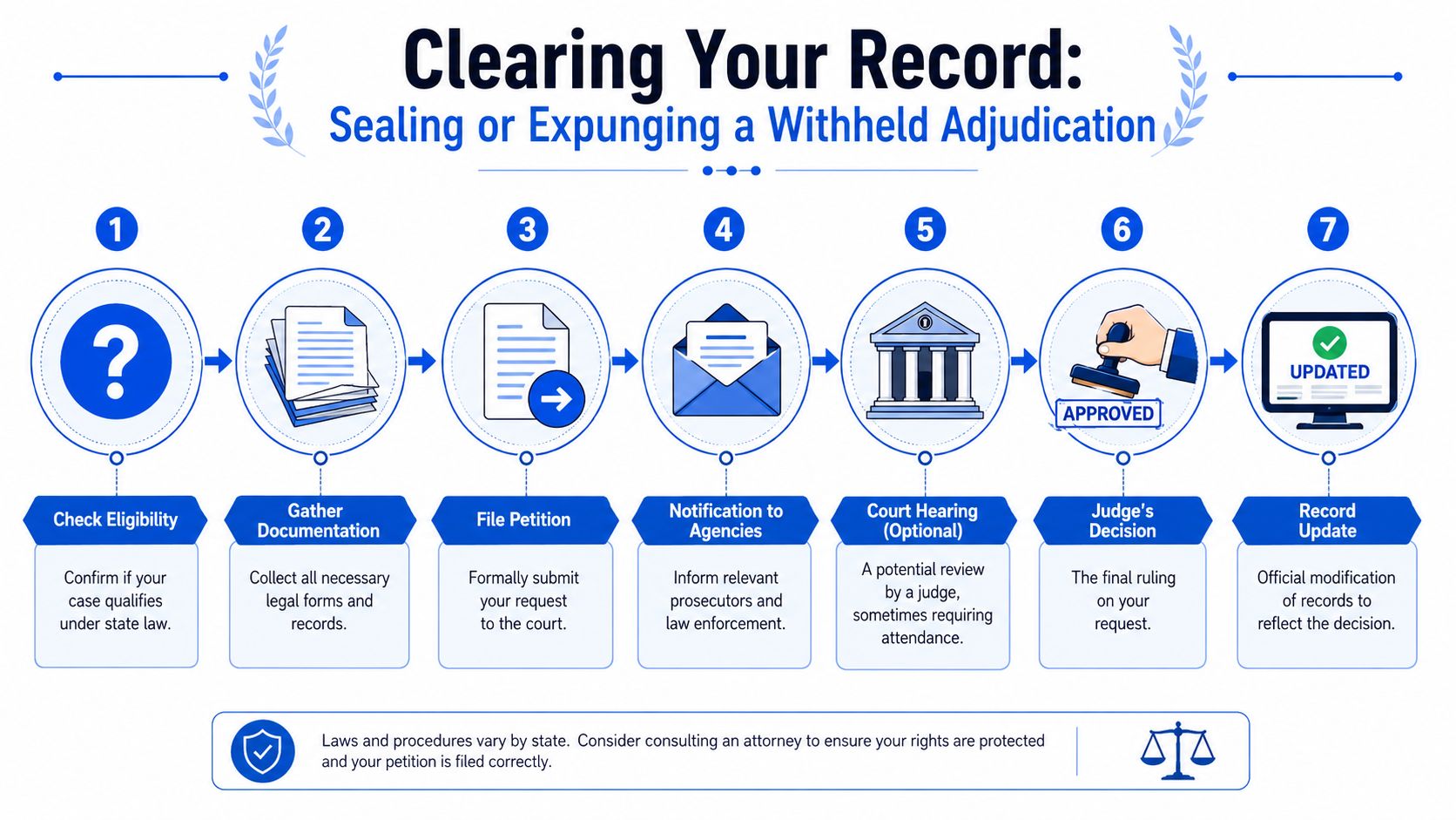 An infographic detailing the seven-step process for sealing or expunging a withheld adjudication criminal record.