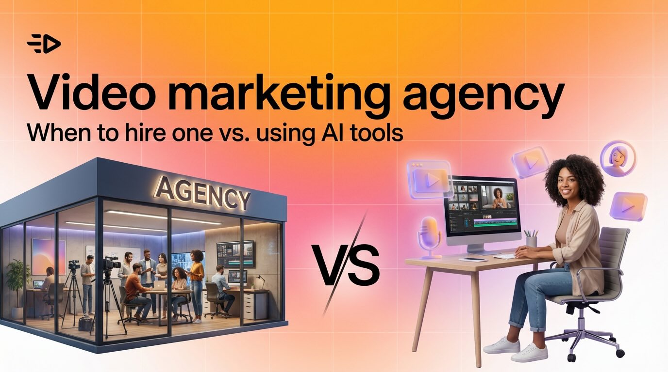 タイトル: ビデオマーケティング代理店を雇うべき時期 VS AIツールの利用。ビジュアルはAIツールを使って作業している人物と代理店が構築している様子を示しています。