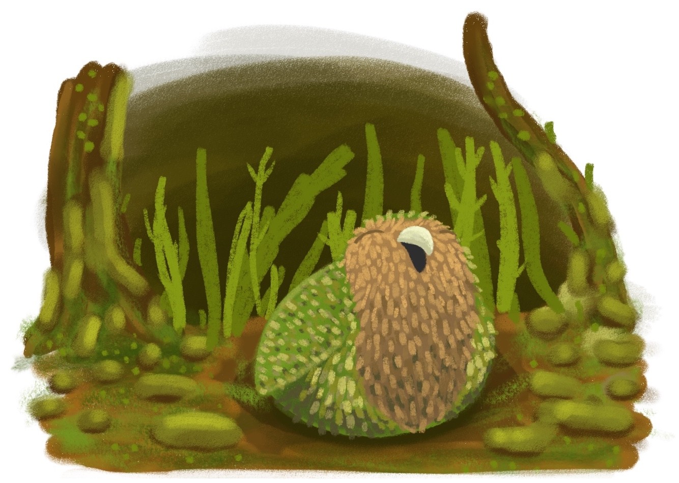 Illustration of a male kākāpō make loud booming calls from “bowls” to attract females.